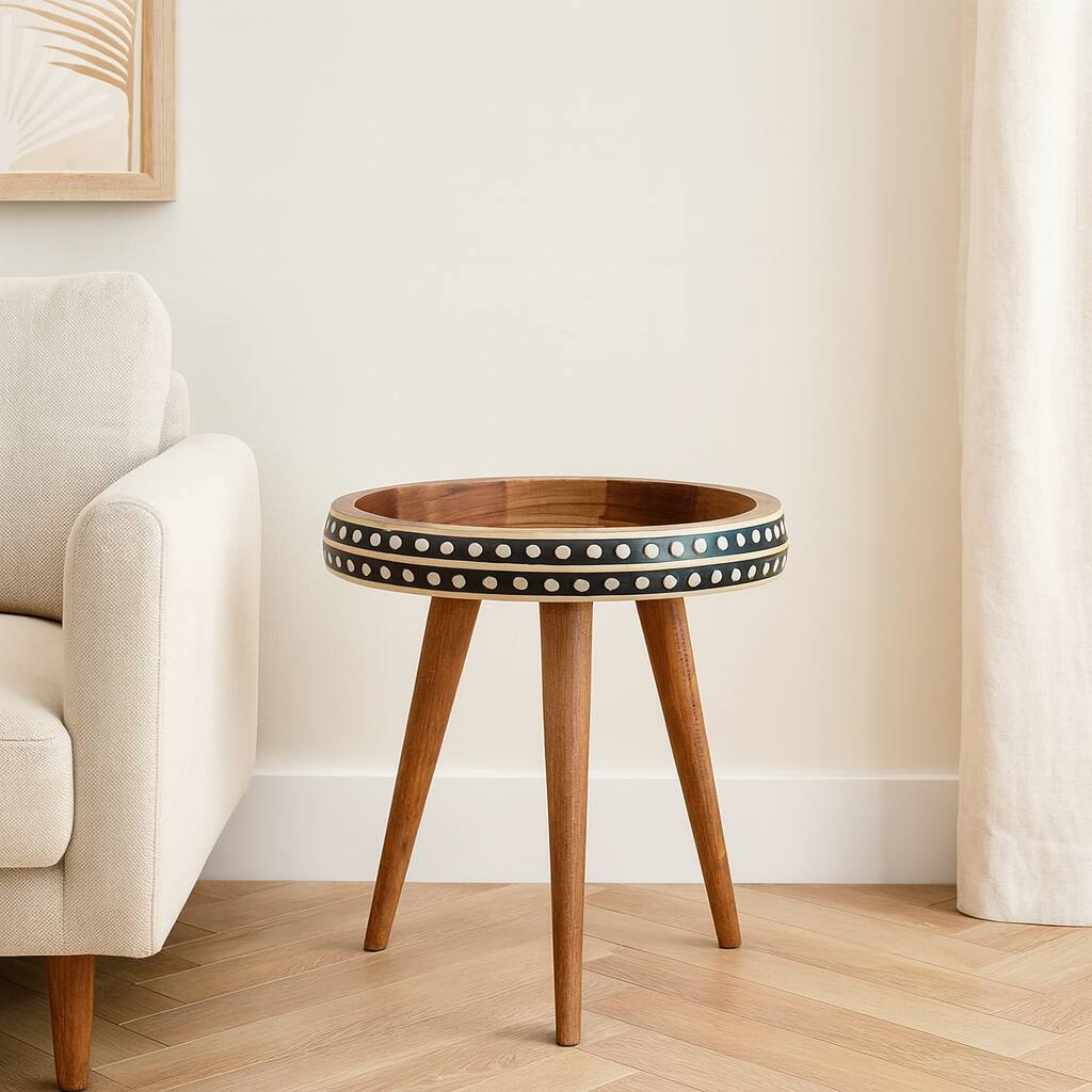 Angle. Artisan Furniture - Artisan Furniture Solid Wood Small Dotted End Table, Black and White - Black and White.