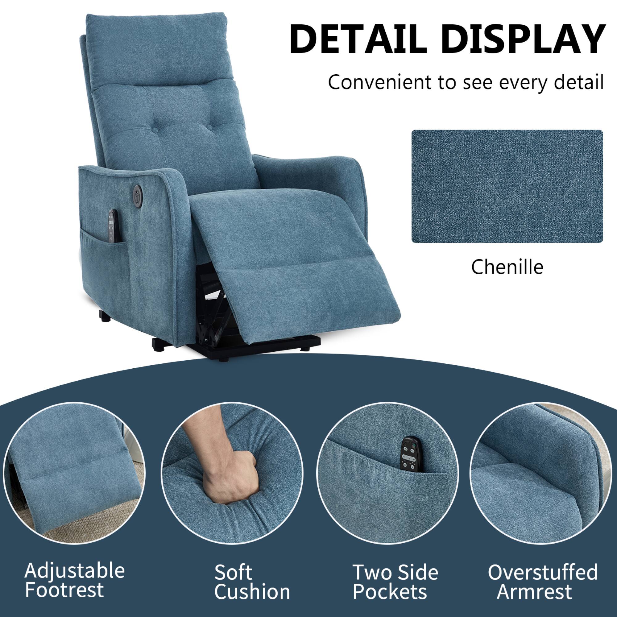 DETAIL DISPLAY  
Convenient to see every detail  

Chenille  

Adjustable Footrest  
Soft Cushion  
Two Side Pockets  
Overstuffed Armrest