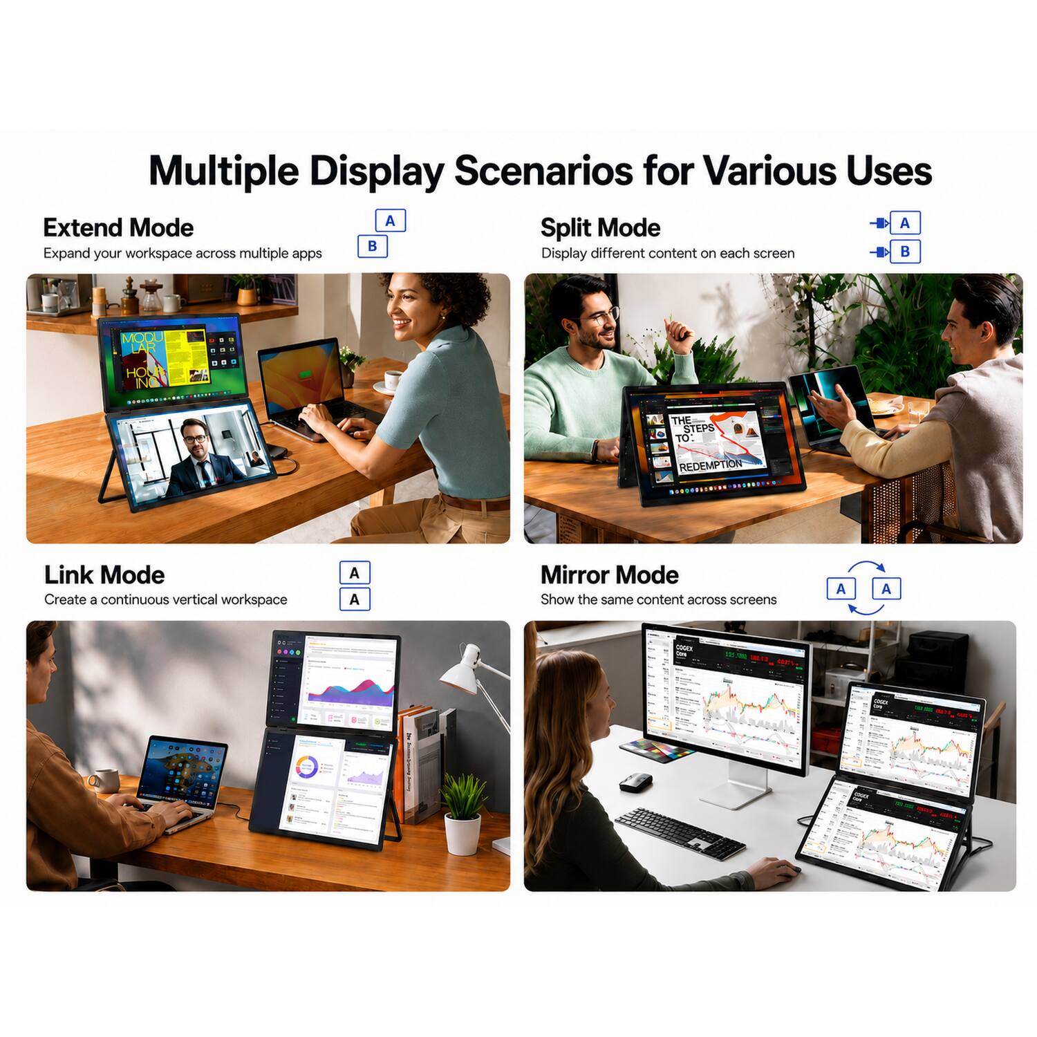 Multiple Display Scenarios for Various Uses

Extend Mode
Expand your workspace across multiple apps

Split Mode
Display different content on each screen

Link Mode
Create a continuous vertical workspace

Mirror Mode
Show the same content across screens