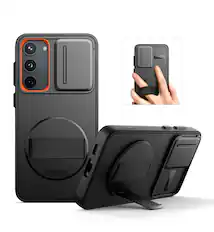 Front. SURITCH - Case for Samsung Galaxy S23 with 360° Rotatable Hand Strap, Invisible Kickstand, Slide Camera Cover, Rugged Shockproof - Black.