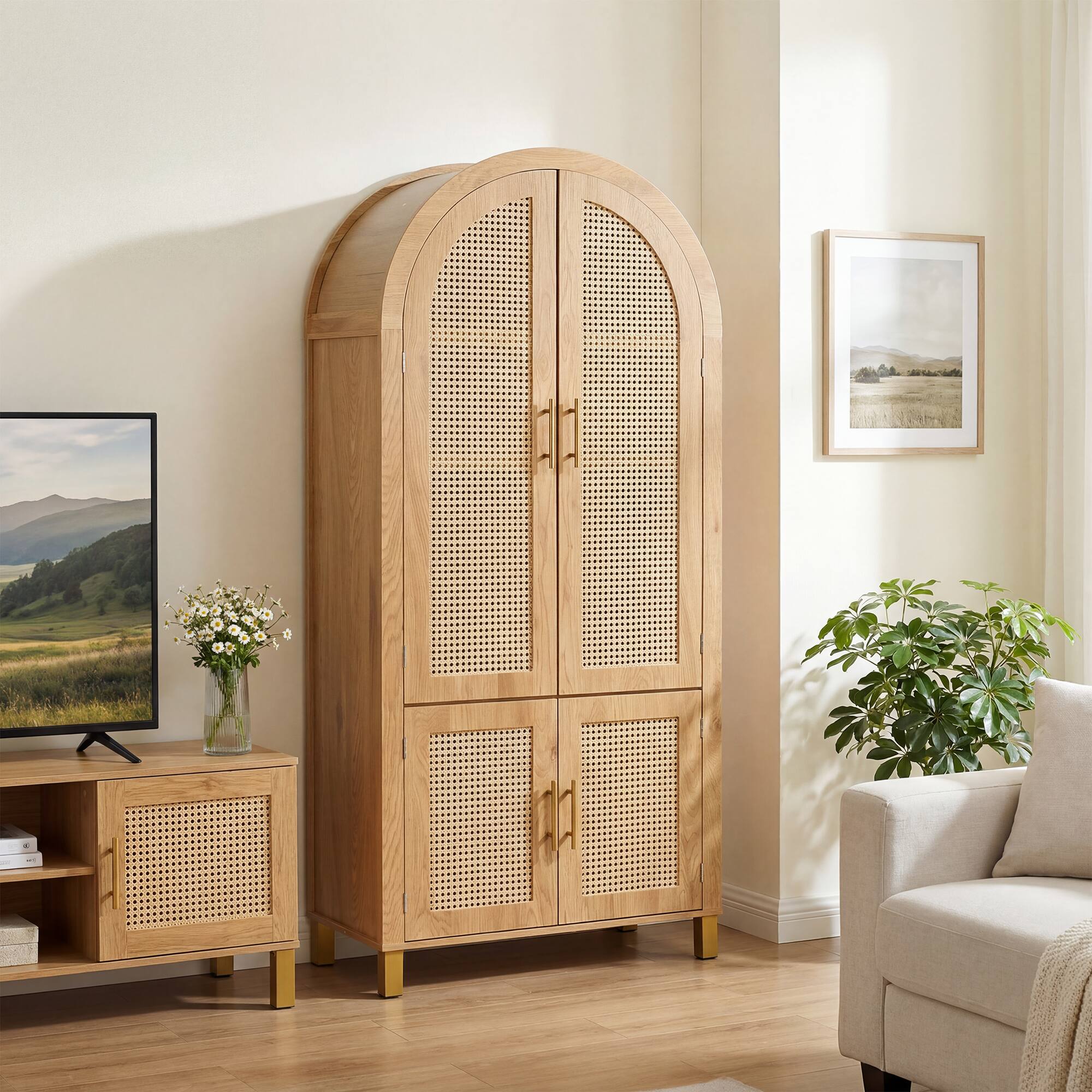 Left. Loheer - Loheer Arched Storage Cabinet, Oak Rattan Door Cabinet with Adjustable Shelves and Door Racks, Tall Pantry Cabinet - Oak.