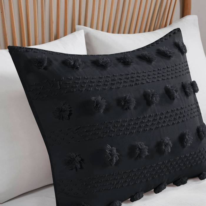 Back. Hivvago - Full/Queen 3 Piece Pompom Microfiber Hypoallergenic Comforter Set in Black - Black.