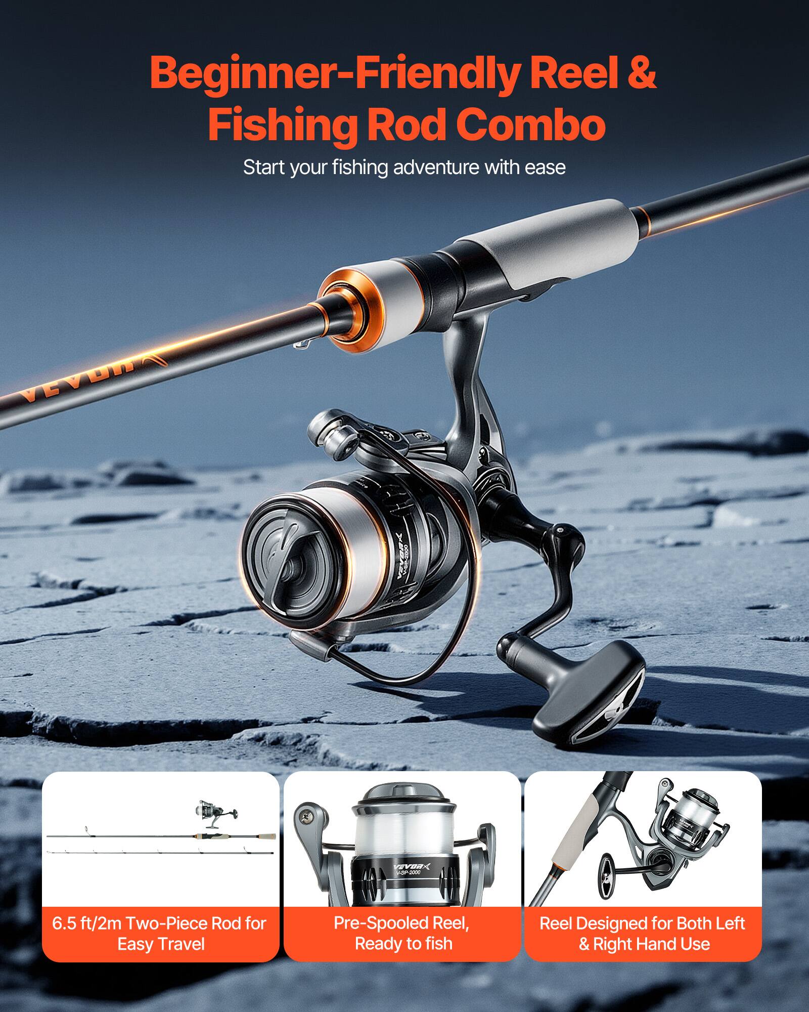 Beginner-Friendly Reel & Fishing Rod Combo  
Start your fishing adventure with ease  

6.5 ft/2m Two-Piece Rod for Easy Travel  
Pre-Spooled Reel, Ready to fish  
Reel Designed for Both Left & Right Hand Use