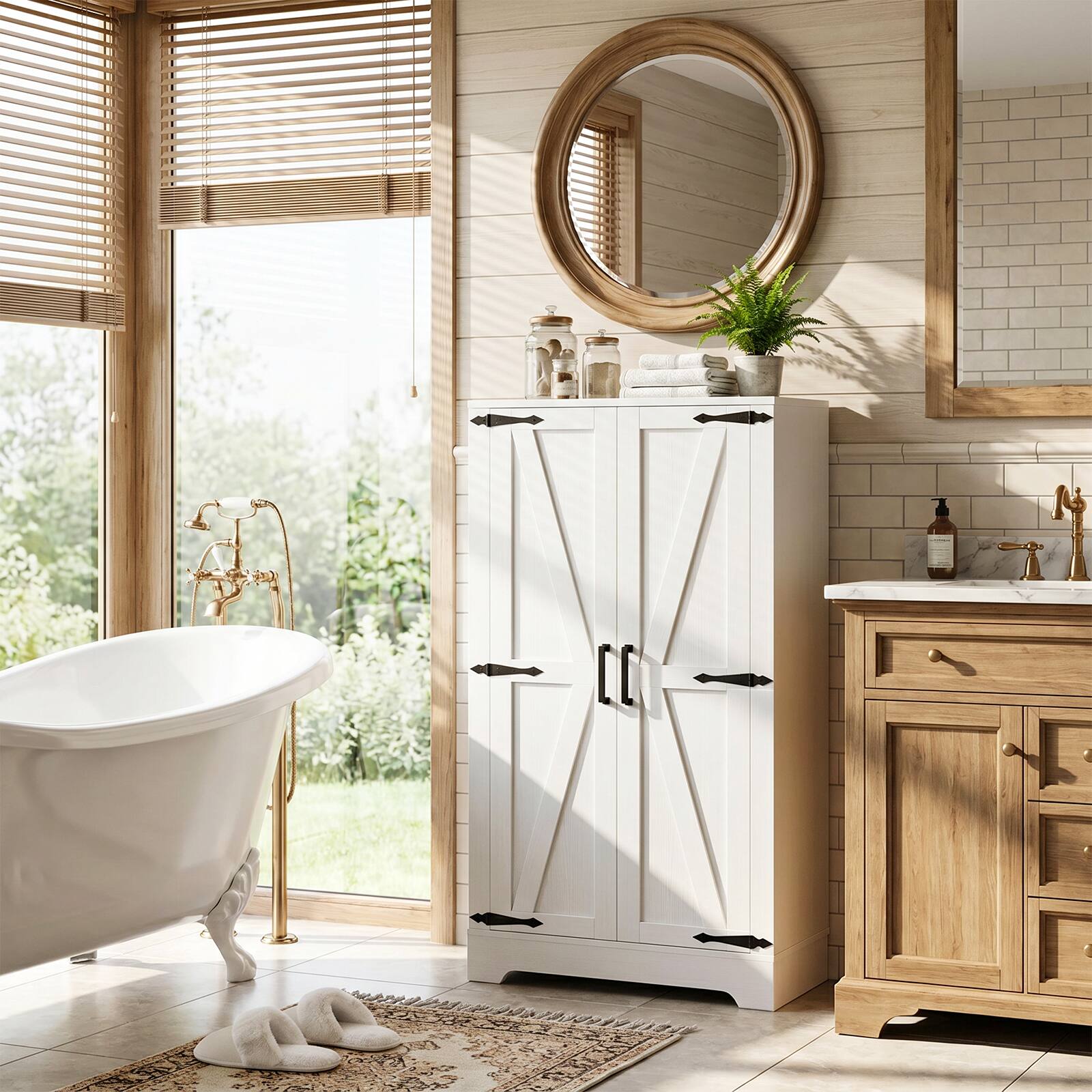 Alt View 2. Aheaplus - Small Bathroom Cabinet with Adjustable Shelves, 43.3'' Tall 2 Door Farmhouse Stoage Cabinet for Organization - White.