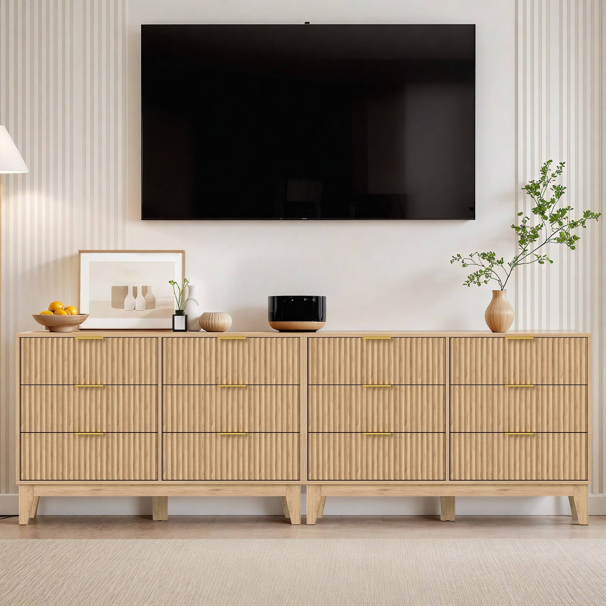 Alt View 6. U-HOMY - Modern 6 Drawer Fluted Dresser, Mid Century Wide Chest of Drawers with Metal Handles for Bedroom and Living Room - Wood Color.