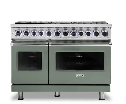 The image features a large, stainless steel Viking oven with a total of 18 burners. The oven has two compartments, each with a set of burners. The burners are arranged in a row, with some closer to the front and others towards the back. The oven is designed for efficient cooking and is likely used in commercial settings.