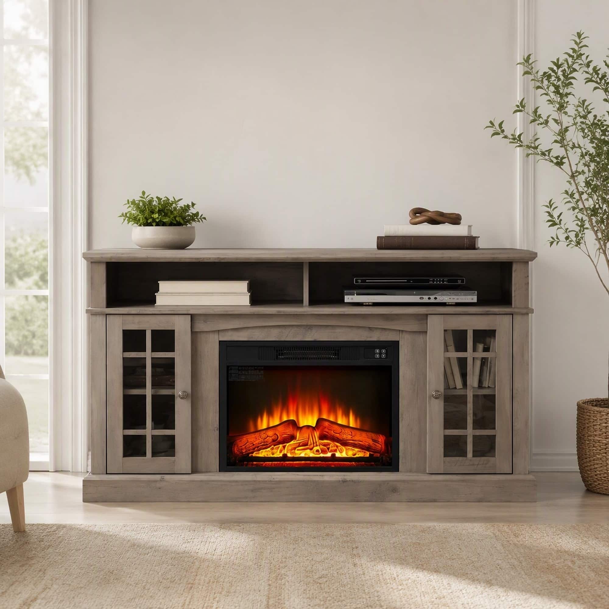 RYHNUYNE - Classic Wash TV Stand with Built-in Electric Fireplace, Fits TVs Up to 65 Inches, Storage Cabinet - Gray