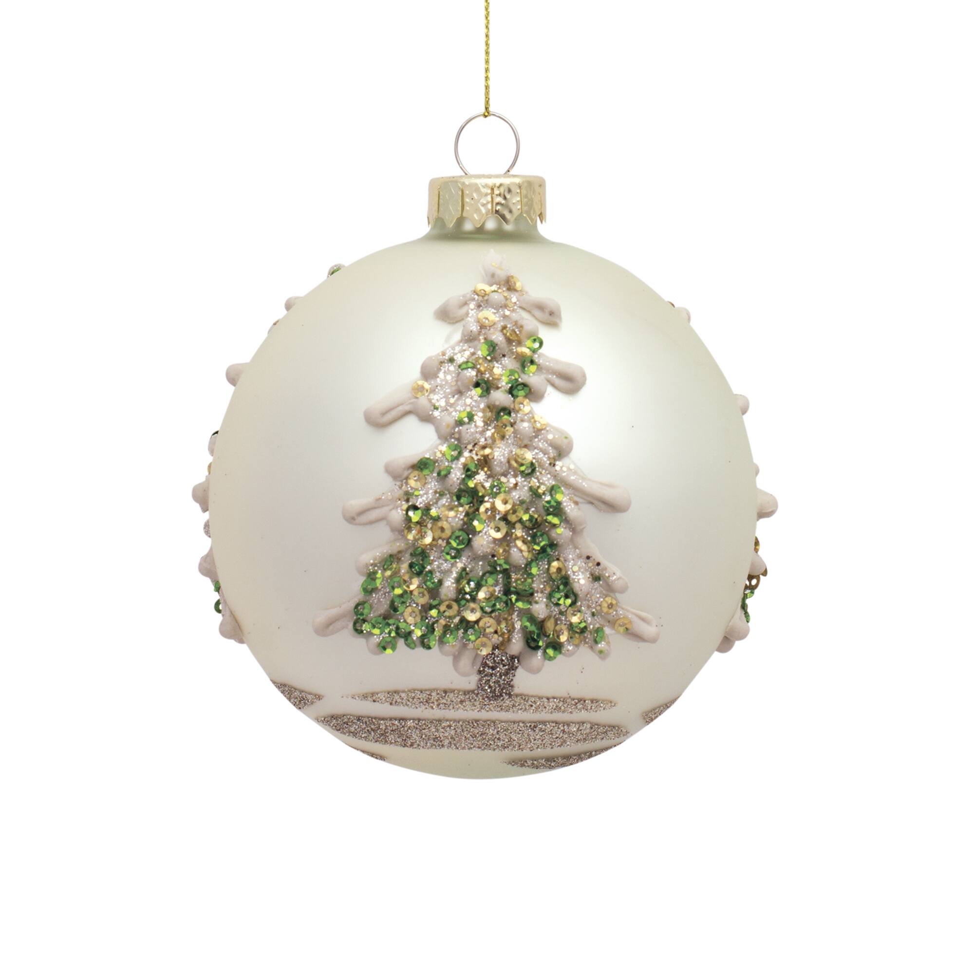 Left. BreeBe - Painted Snowy Pine Tree Ball Ornament (Set of 6) - Green, Gold, Silver.
