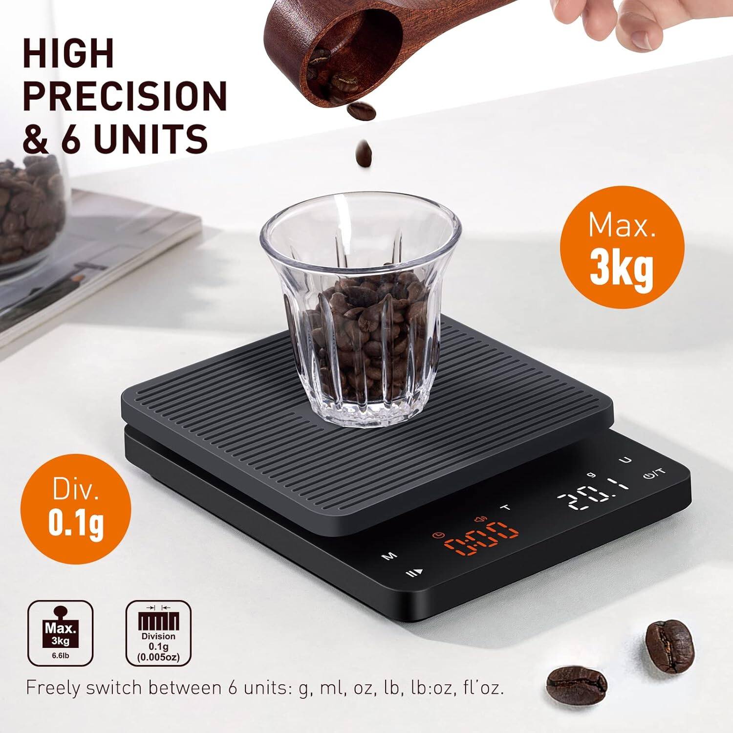 HIGH PRECISION & 6 UNITS

Max. 3kg

Div. 0.1g

Freely switch between 6 units: g, ml, oz, lb, lb:oz, fl'oz.

Max. 3kg (6.6lb)

Division 0.1g (0.005oz)