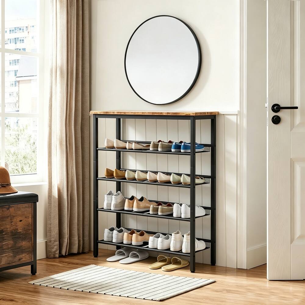 Alt View 2. Loheer - Loheer industrial shoe rack, country brown shoe organizer, 5-layer shoe rack with wooden top, 30x11.5x37 in - Country Brown.