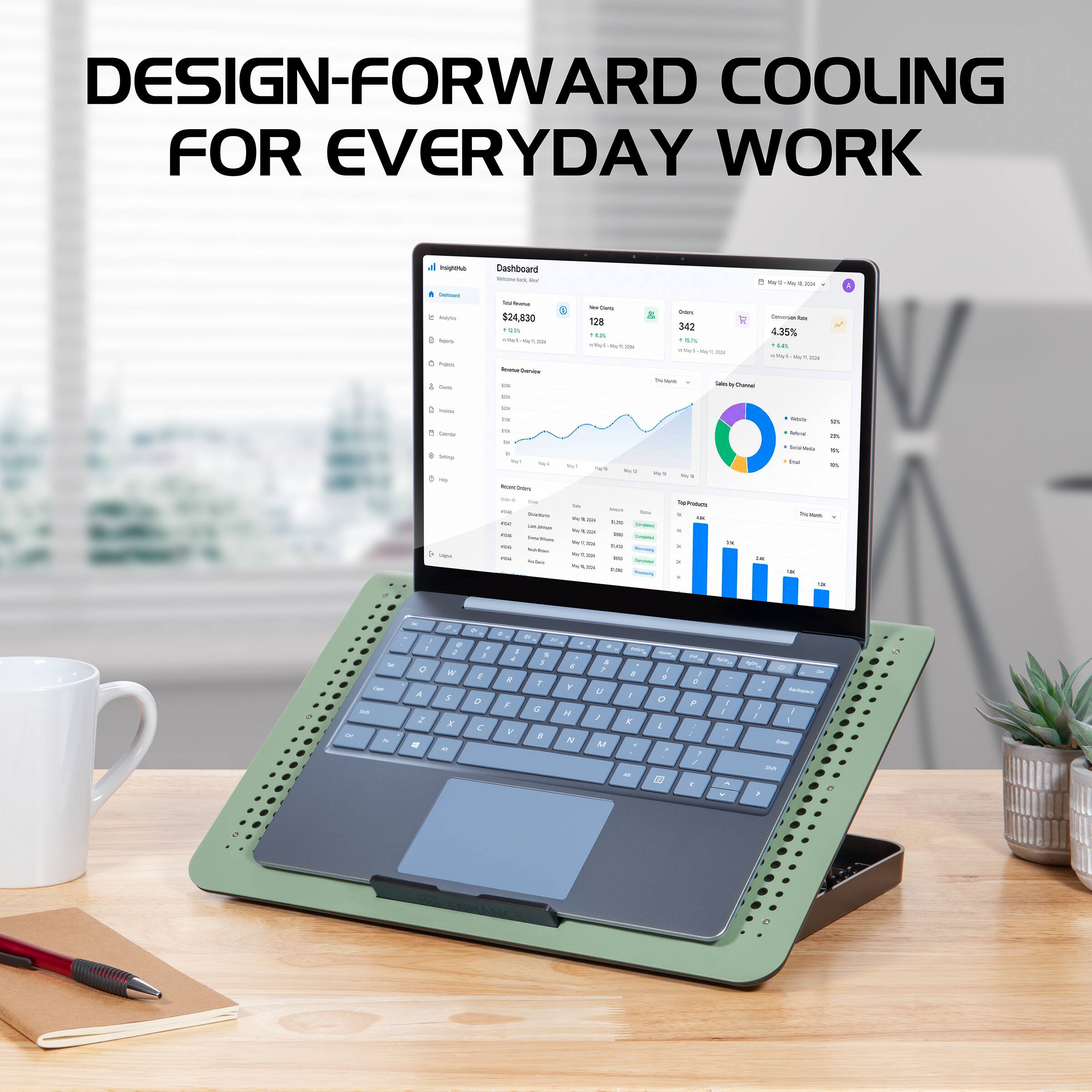 DESIGN-FORWARD COOLING FOR EVERYDAY WORK

Dashboard
Total Revenue: $24,830
+35% vs. Last Year

Sales Overview
128
+342

Top Products
Product A: $1,570
Product B: $1,230
Product C: $1,000

Sales by Channel
Retail: 50%
Online: 30%
Wholesale: 20%

Recent Orders
Order 1: $1,570
Order 2: $1,230
Order 3: $1,000

Inflation Rate: 4.35%