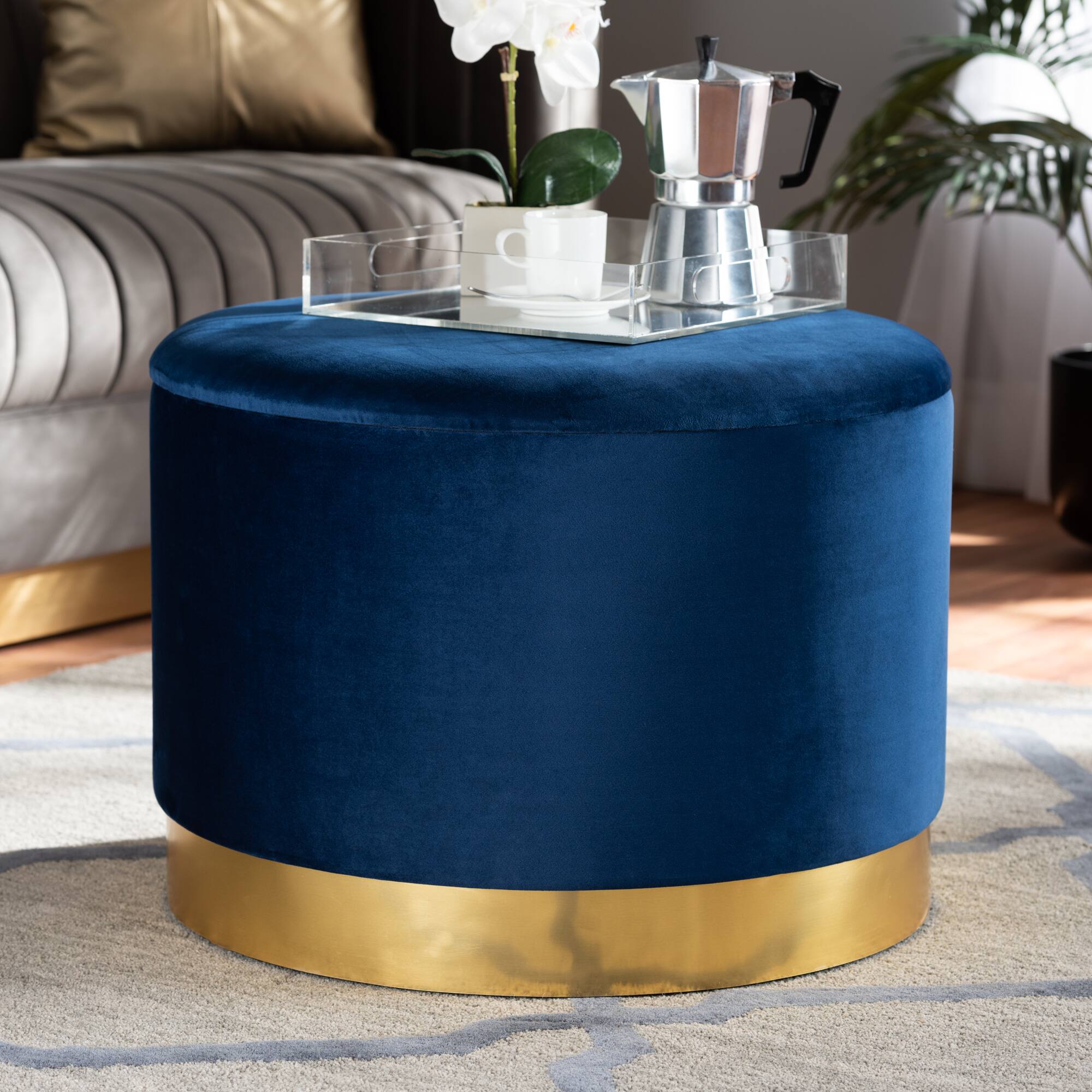 Alt View 1. Baxton Studio - Marisa Glam and Luxe Velvet Fabric Upholstered Gold Finished Storage Ottoman - Navy Blue/Gold.