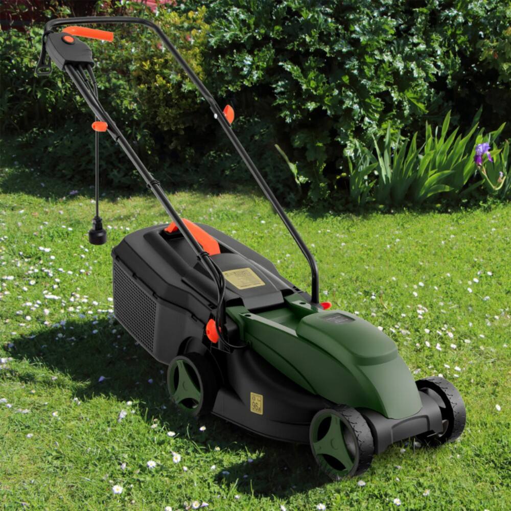 Left. SKONYON - 10 Amp 13 Inch Corded Electric Lawn Mower with Grass Box - Green.