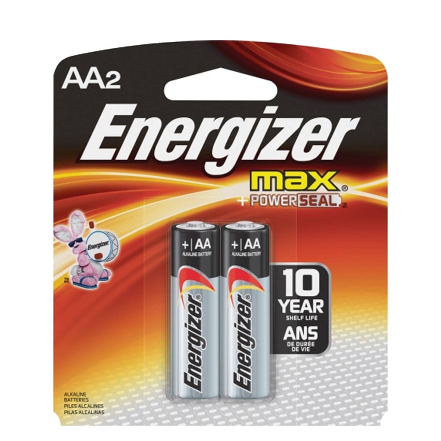 AA2 Energizer max K + POWER SEAL Energizec ALKALINE BATTERIES PILES ALCALINES PILAS ALCALINAS + AA ALXALINE SATTEER 10 YEAR SHELF LIFE ANS Energizer. DE DE DURE VIE