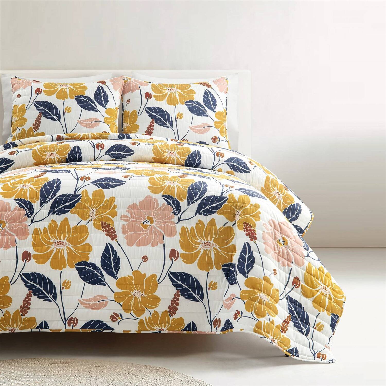 Angle. Hivvago - Twin/Twin XL Orange Yellow Pink Navy Blue Floral Flowers Lightweight Quilt Set - Yellow ,Pink ,Navy Blue.