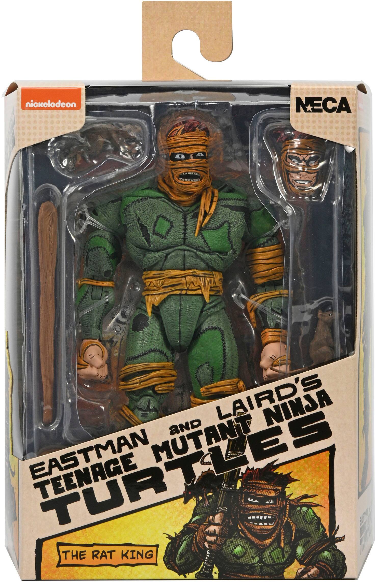 The image features a toy of a character from the Teenage Mutant Ninja Turtles, specifically The Rat King. The toy is made by NECA and is displayed in a box. The character is wearing a green outfit and is holding a stick.
