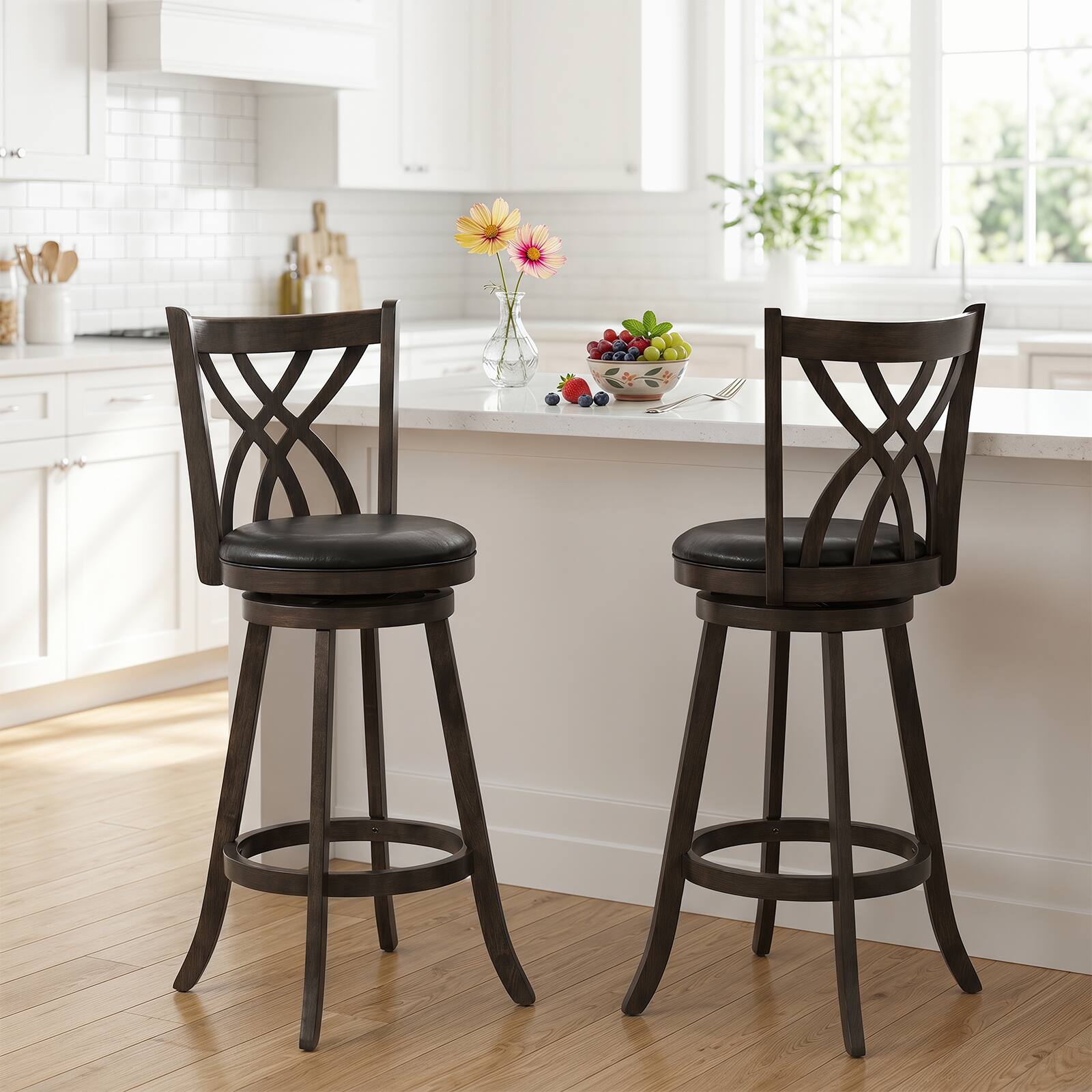 Alt View 1. Costway - Costway 29" Swivel Bar Stool Set of 2 with Rubber Wood Frame, Hollowed Backrest, Footrest - Dark Brown 29".