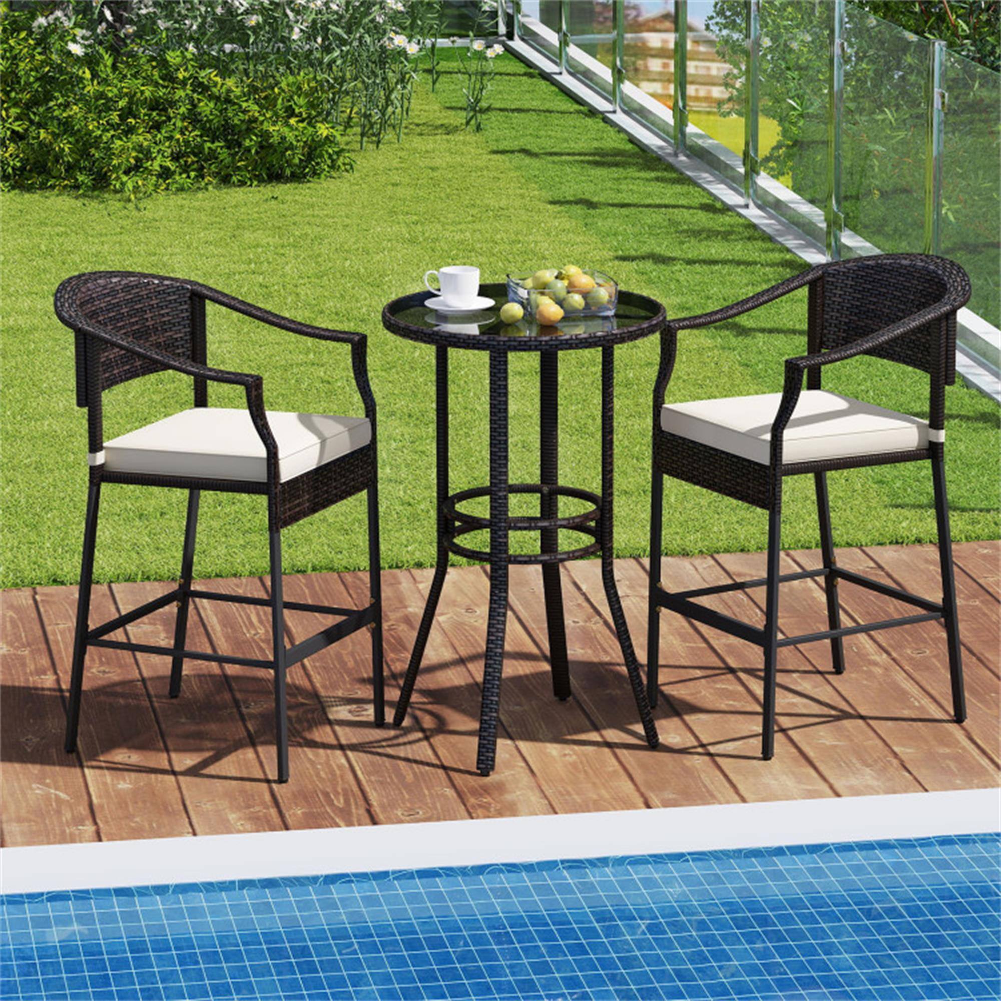 Alt View 3. Boyel Living - Brown 3Piece Rattan or Wicker Bar Set PE Rattan Wicker Material Tempered Glass Table Top for Backyard Poolside Patio Use - Brown.