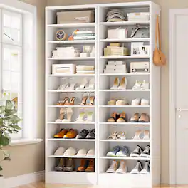 Aheaplus - 79.5'' Tall 10-Tier Freestanding Wooden Shoe Rack Tower with 2 Hooks, 2 Packs - White