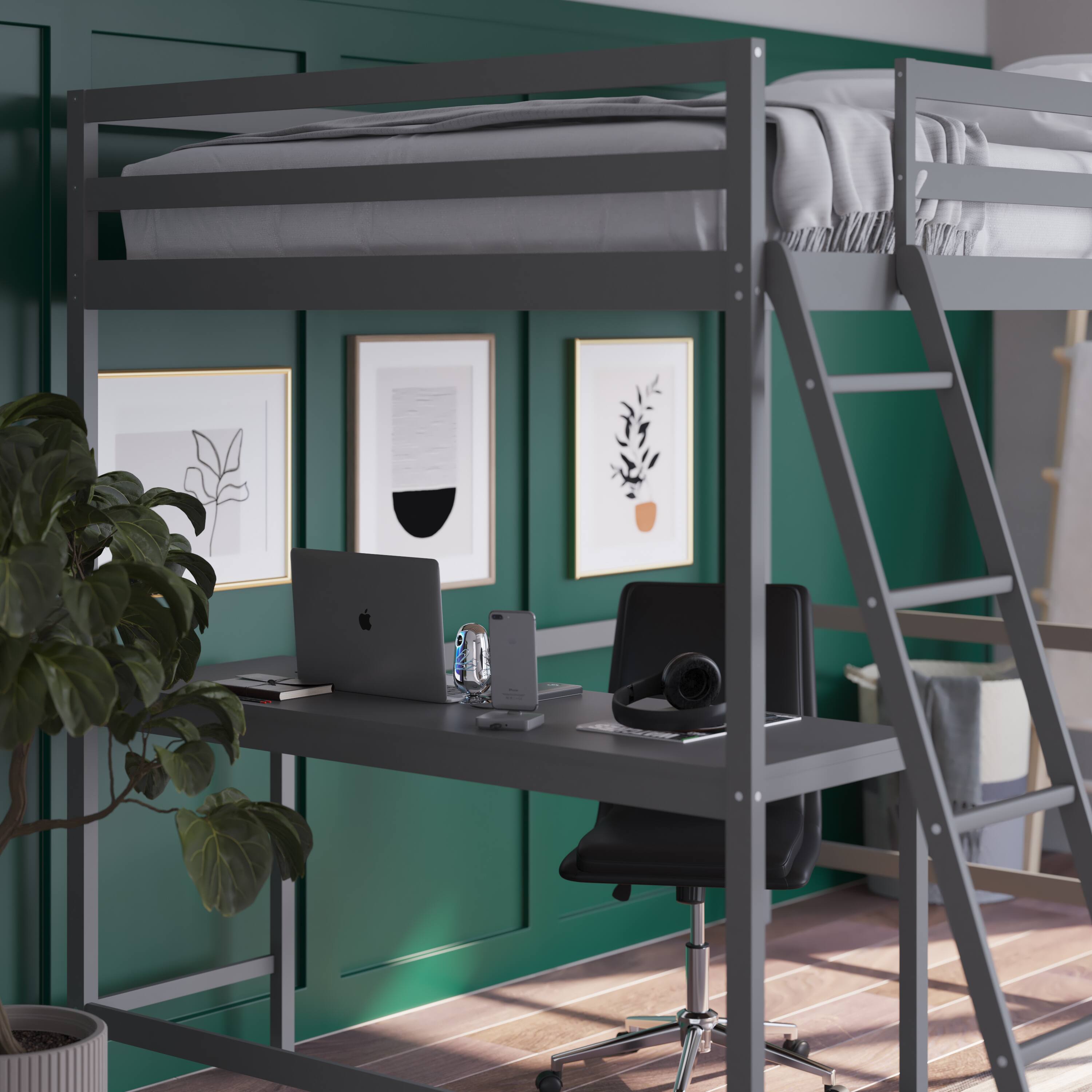 Alt View 3. Emma + Oliver - Wooden Loft Bed Frame with Integrated Desk and Ladder - Light Gray.