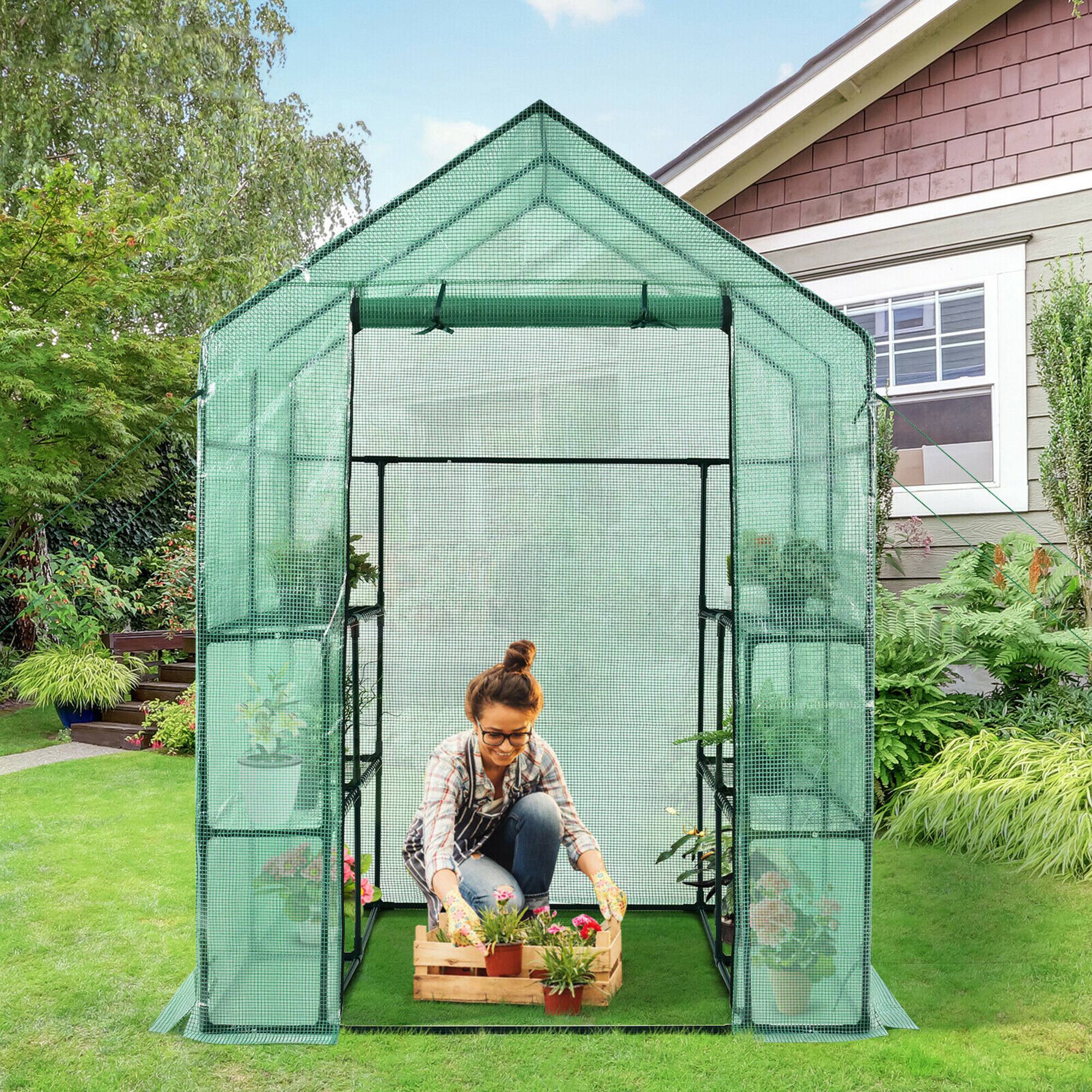 Alt View 1. Gymax - Gymax Walk-in Greenhouse 56''x56''x77'' Gardening w/Observation Windows 2 Tier 8 Shelves - Green.