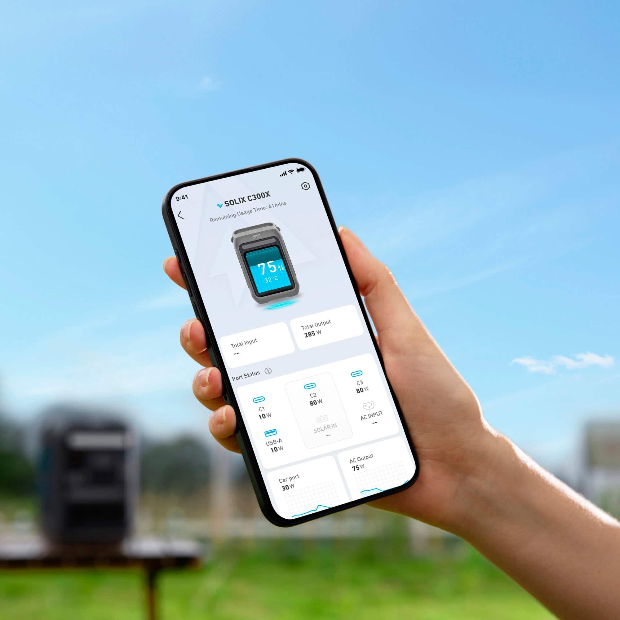 9:41 SOLIX C300X 41 mins Remaining Usage - sa 75% 32C Total Input: 285 W Port Status C1 10W USB-A 10W Car port 30W C2 SOLAR IN C3 60W INPUT - N Output 75W W