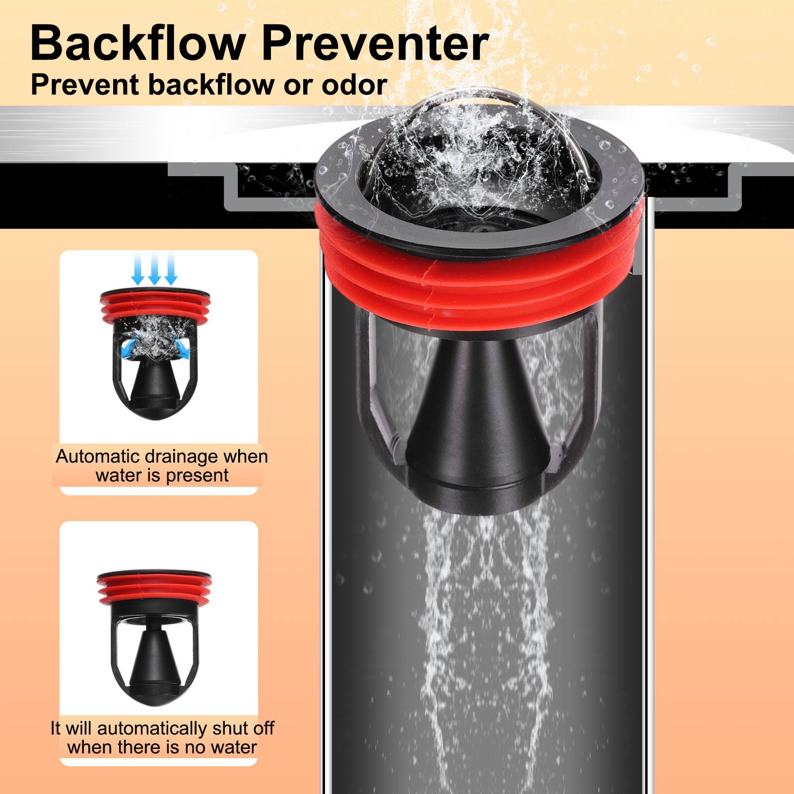 Backflow Preventer  
Prevent backflow or odor  
Automatic drainage when water is present  
It will automatically shut off when there is no water