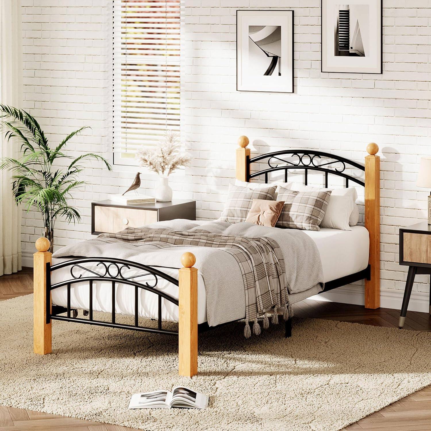 Front. GARVEE - Twin Metal Platform Bed Frame with Victorian Iron-Art Headboard & Footboard, Noise-Free, Black - Black.