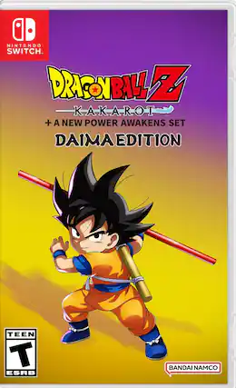 A Nintendo Switch game called Dragon Ball Z: Kakarot + A New Power Awakens Set Daima Edition. The game is rated Teen by the ESRB and is developed by Bandai Namco. - T (Teen 13+)