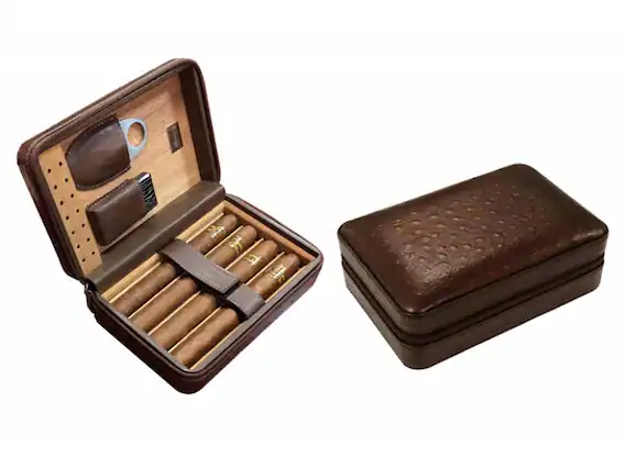 Front. Prestige - Manhattan Travel Humidor (Brown) - Brown Ostrich Motif Leather.