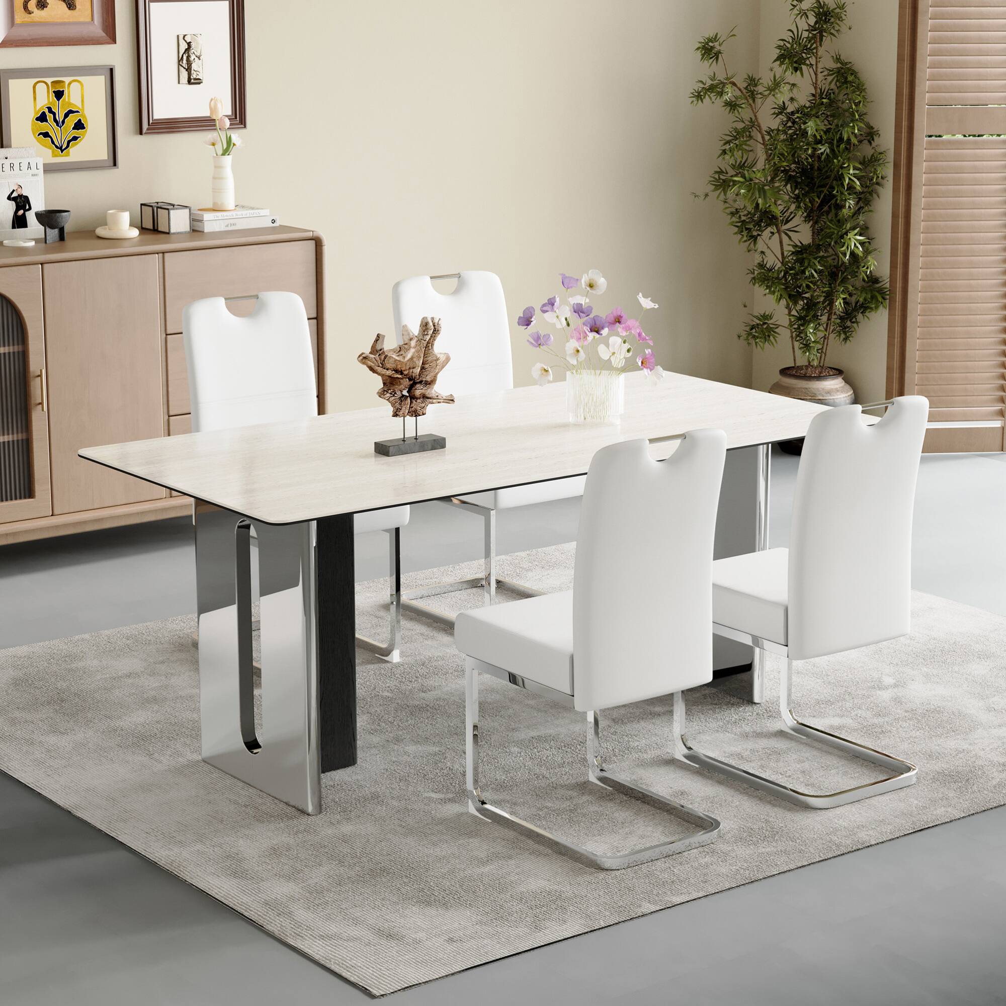 Alt View 2. GOODSILO - Set of 4 Ergonomic Dining Chairs with Thickened Cushions and Built-in Spring Support - White.