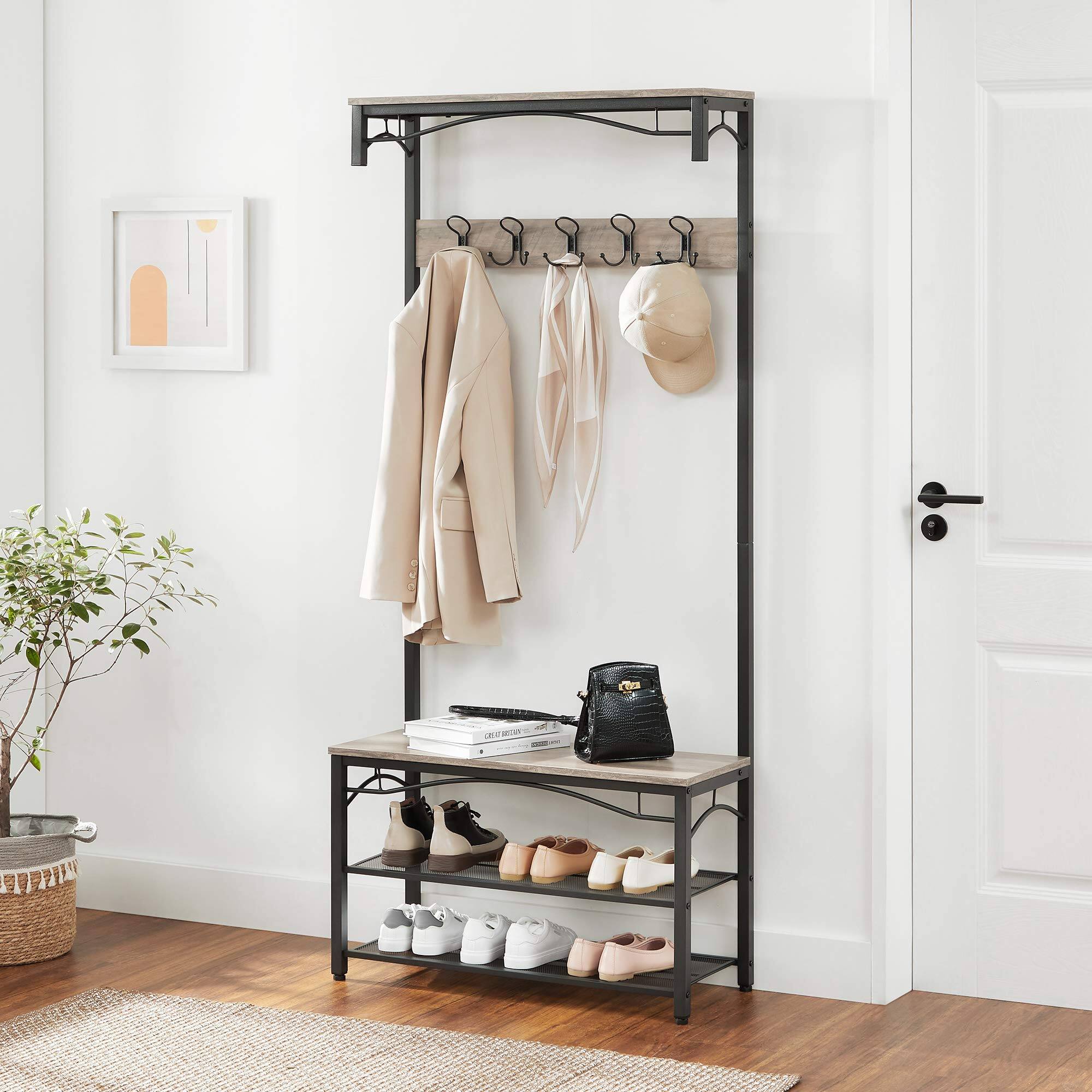 Angle. Songmics Home - 3-in-1 Hall Tree Coat Rack with Storage Shelves Industrial Style Greige - Brown.