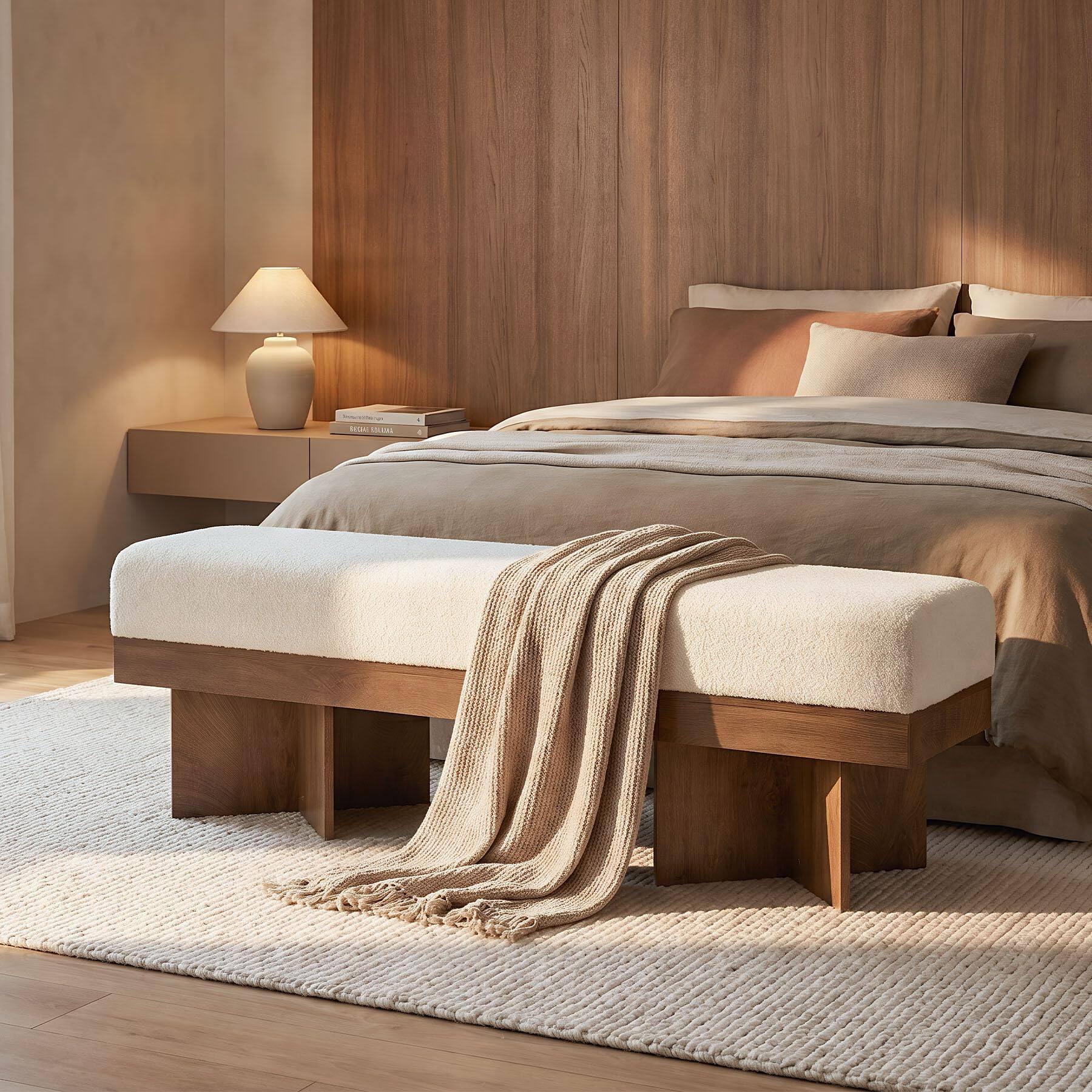 Alt View 1. Tribesigns - LITTLE TREE 55" Entryway Bench with Faux Lamb Wool, Upholstered Bench with X-Legs, for Living Room, Bedroom, or Foyer (W - White and Light Walnut.