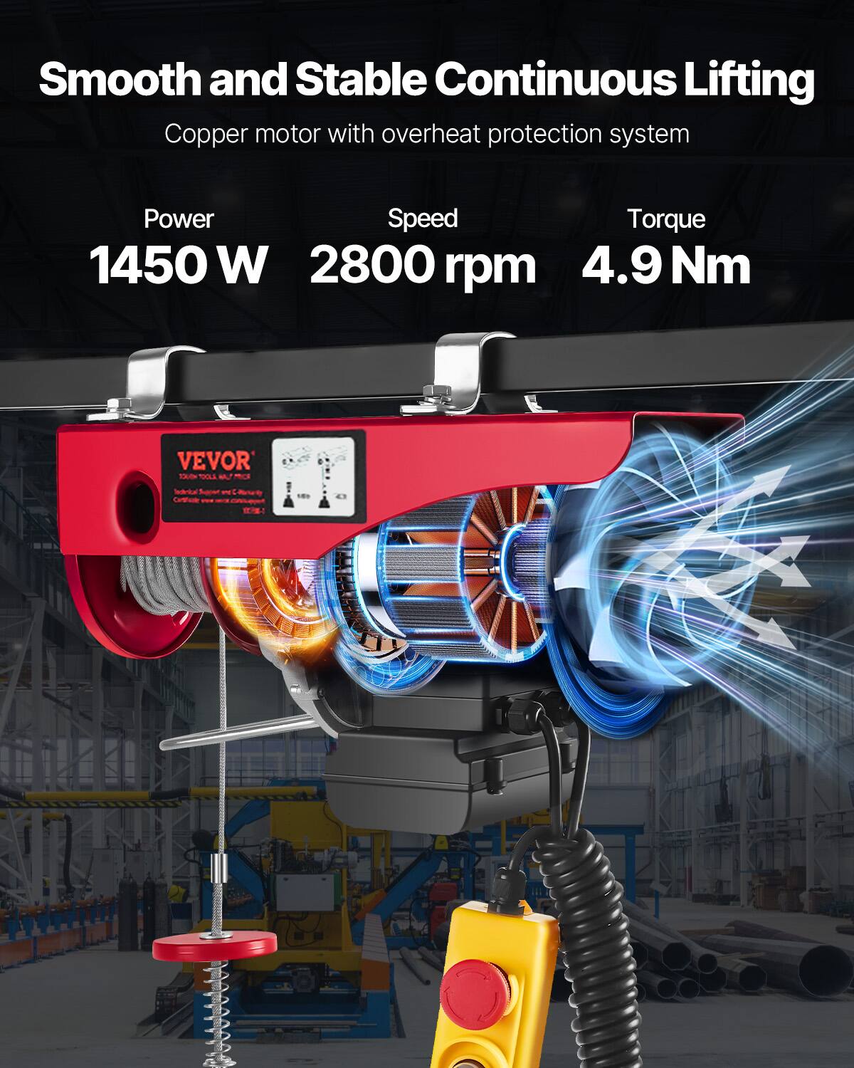 Smooth and Stable Continuous Lifting Copper motor with overheat protection system  
Power: 1450 W  
Speed: 2800 rpm  
Torque: 4.9 Nm  
VEVOR