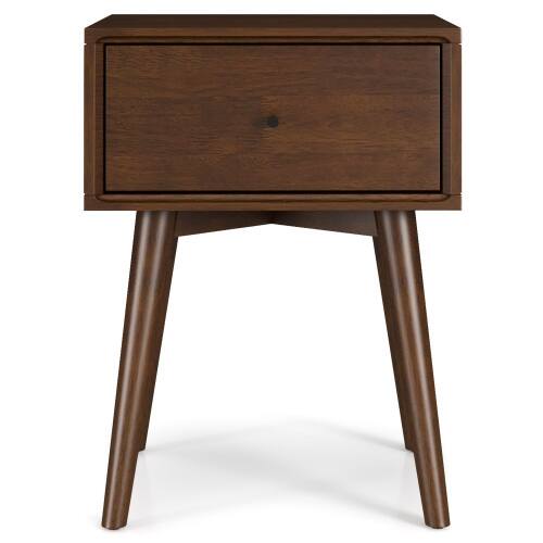 Left. LUCKY ONE - Assembled Mid Century Nightstand 1-Drawer Solid Wood Tapered Legs - Brown.