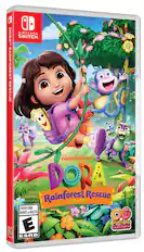 i NINTENDO DORA SWITCH. RAINFOREST RESCUE nickelodeon DORA Rainforest Rescue EVERYONE ENFANTS et ADULTES OG E Outright Games OG Carighe bames m ESRB