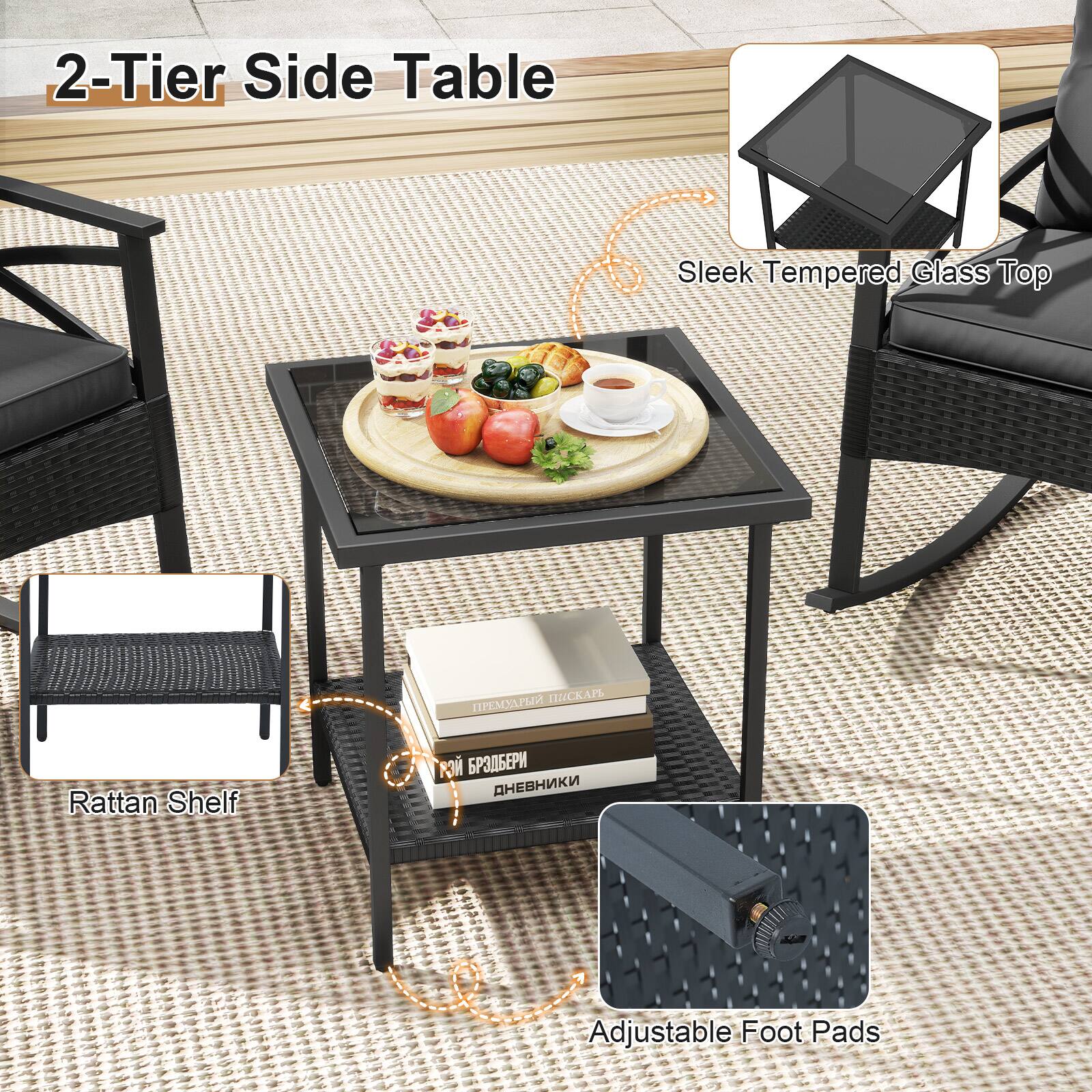 2-Tier Side Table  
Sleek Tempered Glass Top  
Rattan Shelf  
Adjustable Foot Pads