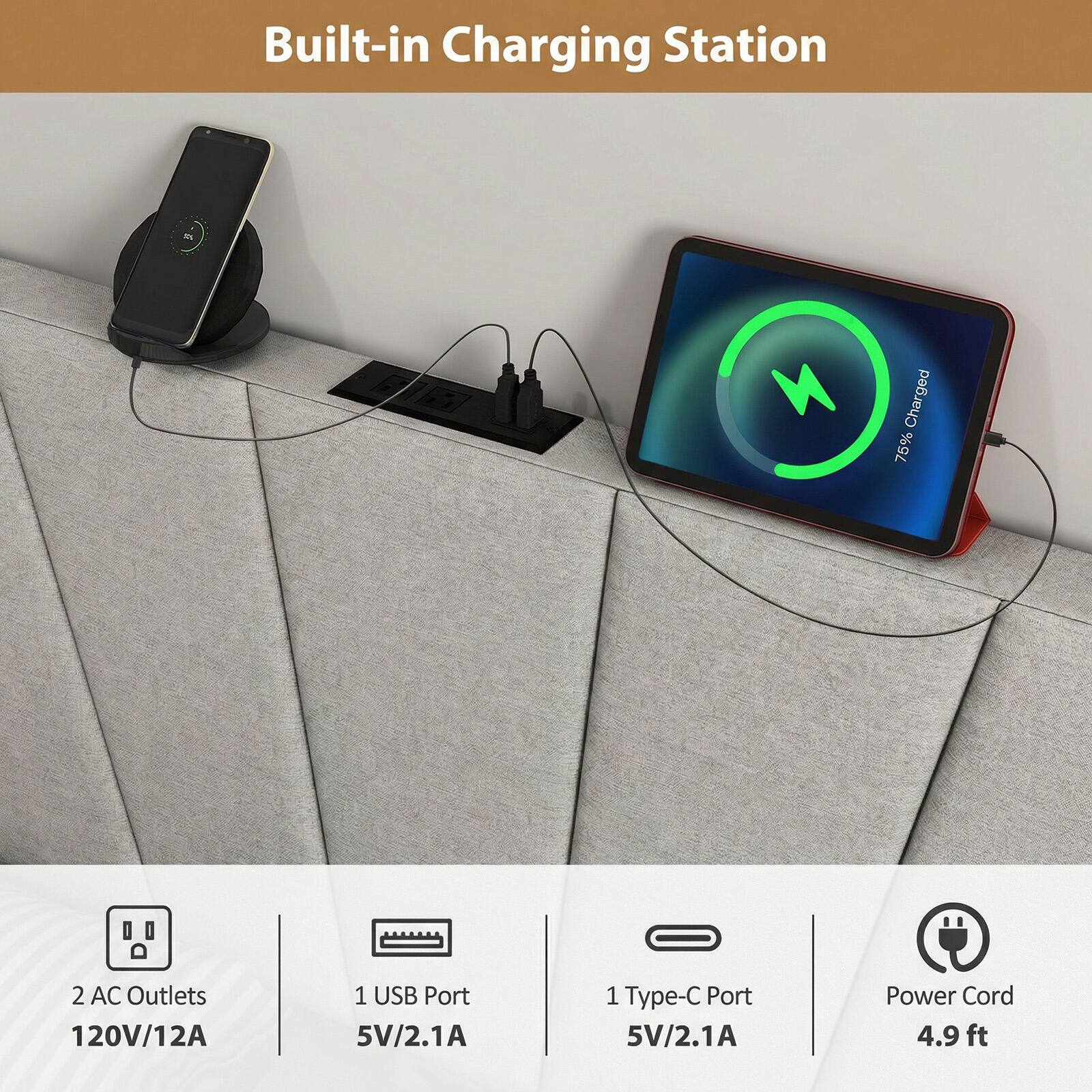 Built-in Charging Station  
Charged 75%  
2 AC Outlets 120V/12A  
1 USB Port 5V/2.1A  
1 Type-C Port 5V/2.1A  
Power Cord 4.9 ft