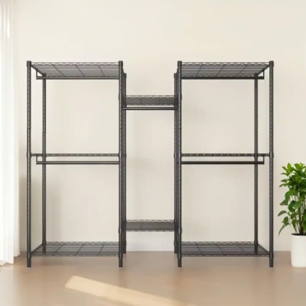 Alt View 2. LUCKY ONE - Heavy Duty Garment Rack w/ 8 Shelves & 5 Rods Adjustable Freestanding - Black.