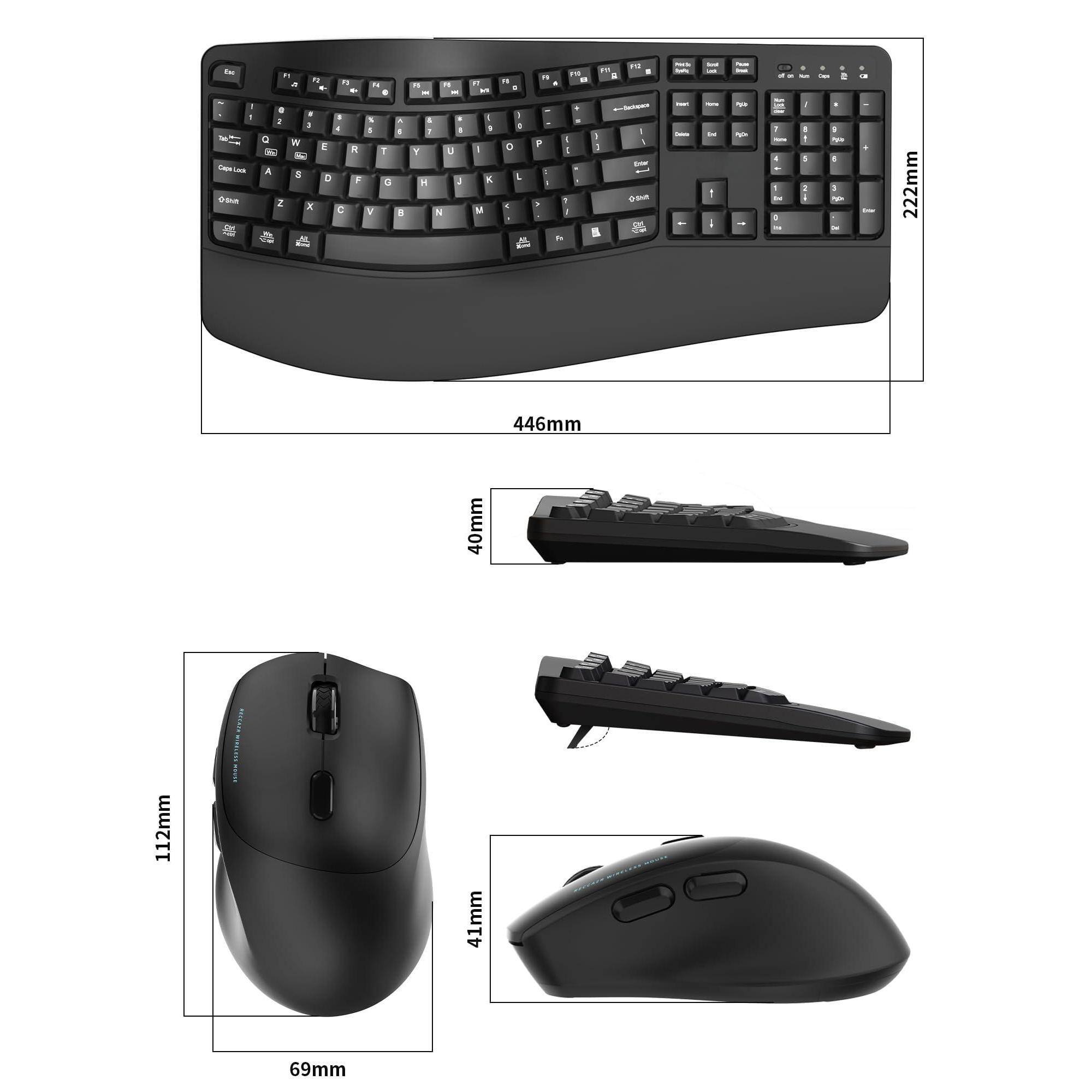 Sure, here is the corrected and grouped text from the image:

- Keyboard:
  - Width: 446mm
  - Depth: 222mm

- Number Pad:
  - Width: 40mm

- Mouse:
  - Length: 112mm
  - Width: 69mm
  - Height: 41mm