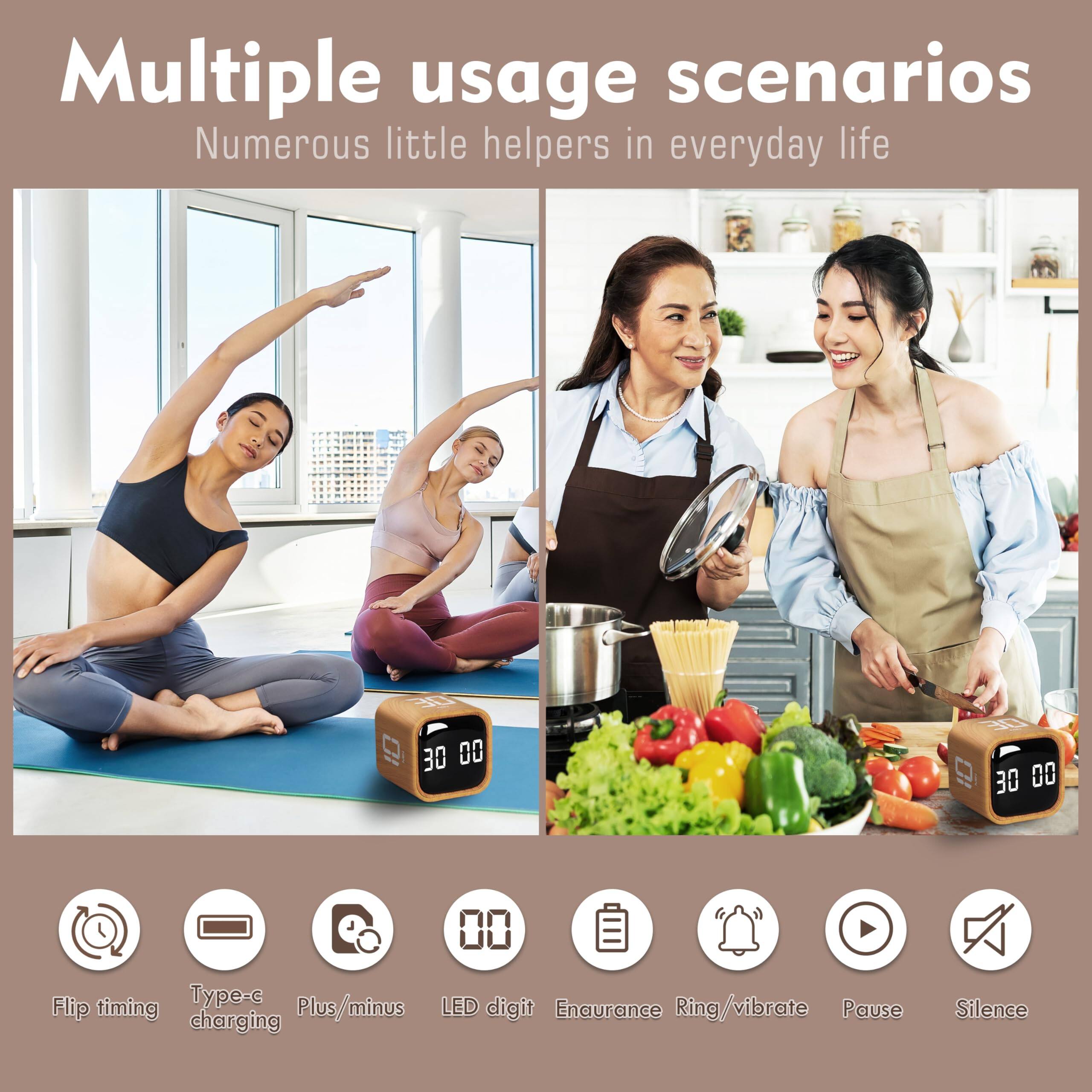 Multiple usage scenarios  
Numerous little helpers in everyday life  

- Flip timing  
- Type-c charging  
- Plus/minus  
- LED digit  
- Enauration  
- Ring/vibrate  
- Pause  
- Silence