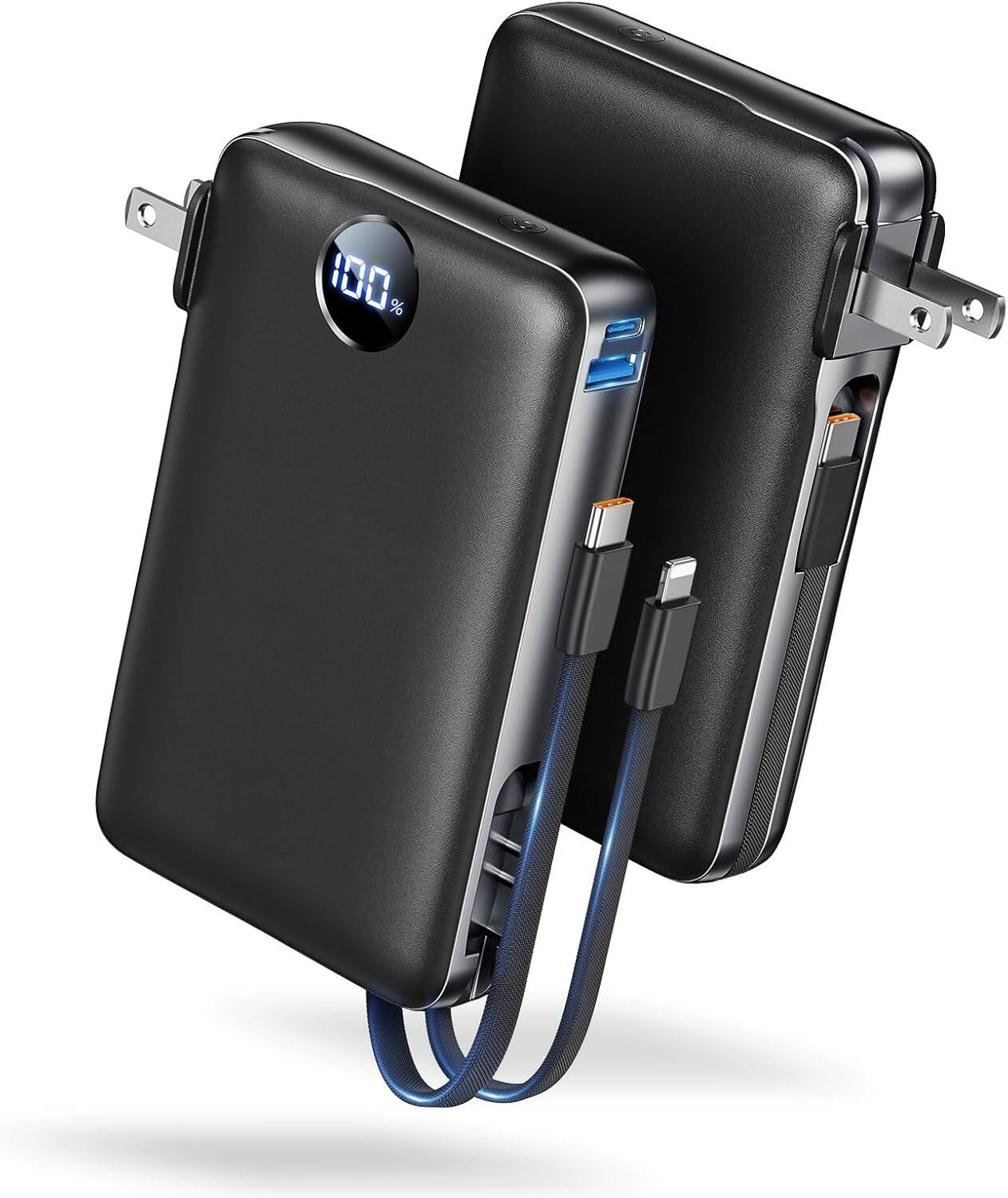 Front. Trigiz - 50000mAh Portable Power Bank, 22.5W Fast Charging with Built-in Cable & Wall Plug, LED Display Travel Battery Pack - black.