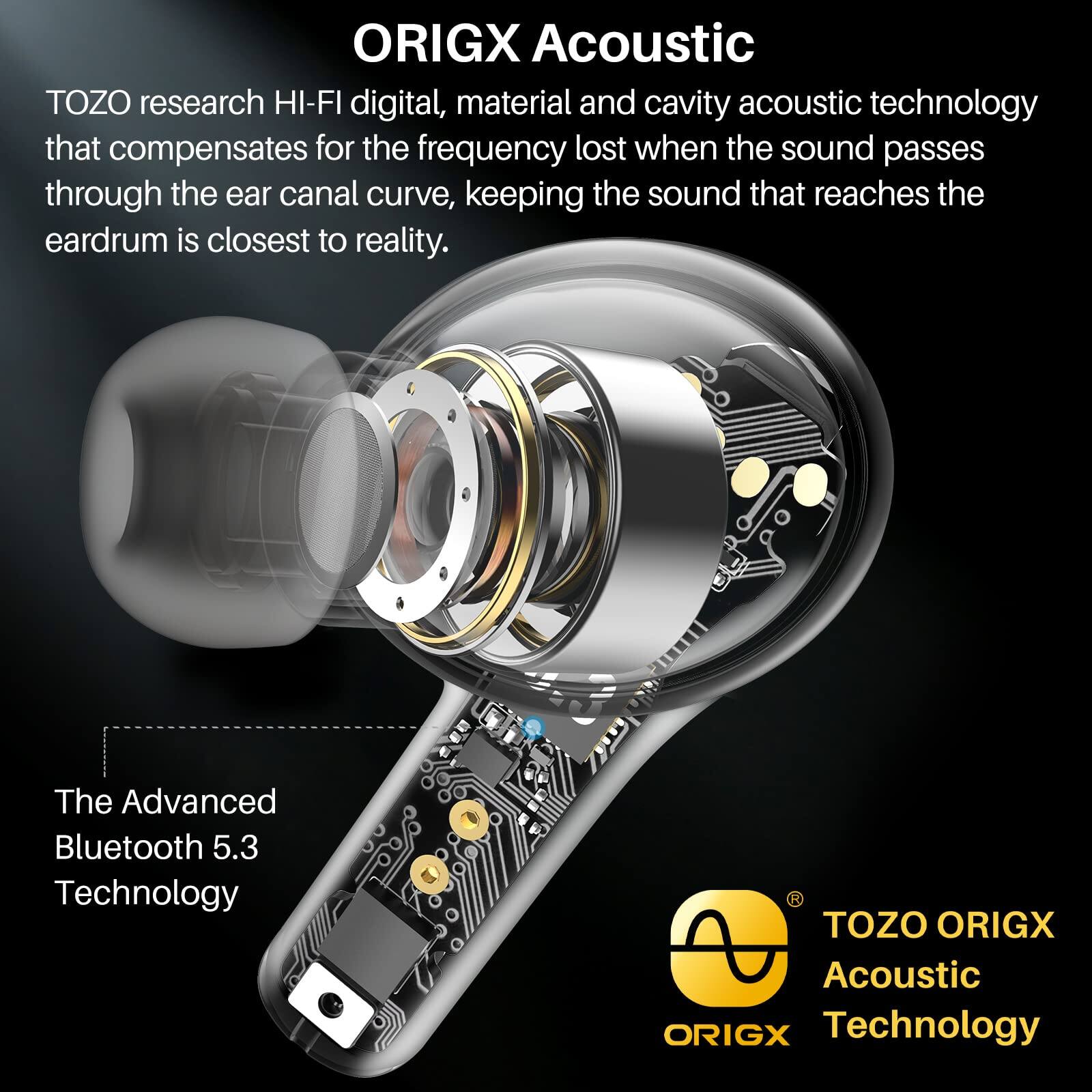 ORIGX Acoustic

TOZO research HI-FI digital, material and cavity acoustic technology that compensates for the frequency lost when the sound passes through the ear canal curve, keeping the sound that reaches the eardrum closest to reality.

The Advanced Bluetooth 5.3 Technology

TOZO ORIGX Acoustic Technology
