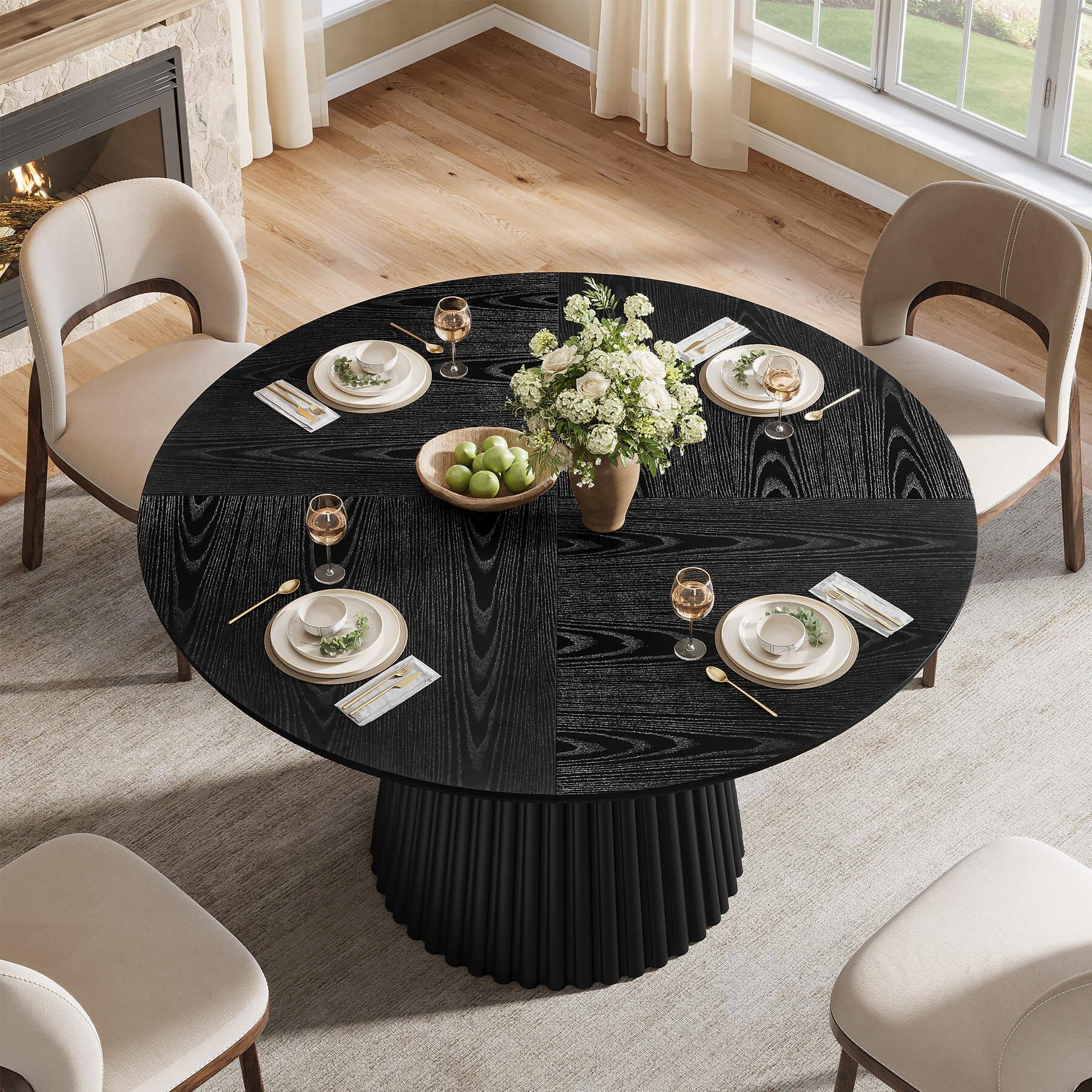 Back. Tribesigns - 47" Round Dining Table for 4-6 People, Wood Farmhouse Kitchen Table with Fluted Pedestal Base for Dining Room, Kitchen, - Black.