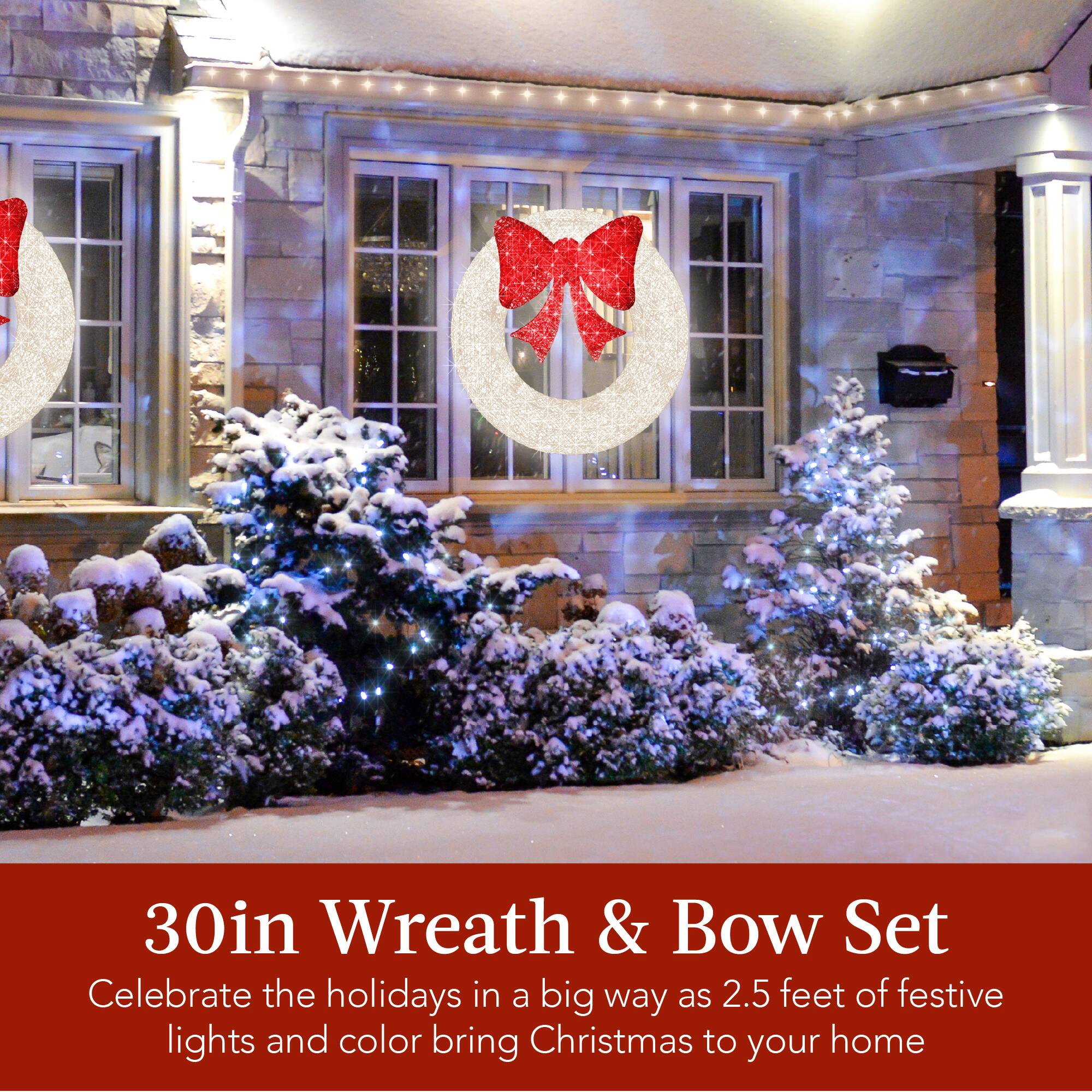 30in Wreath & Bow Set

Celebrate the holidays in a big way as 2.5 feet of festive lights and color bring Christmas to your home