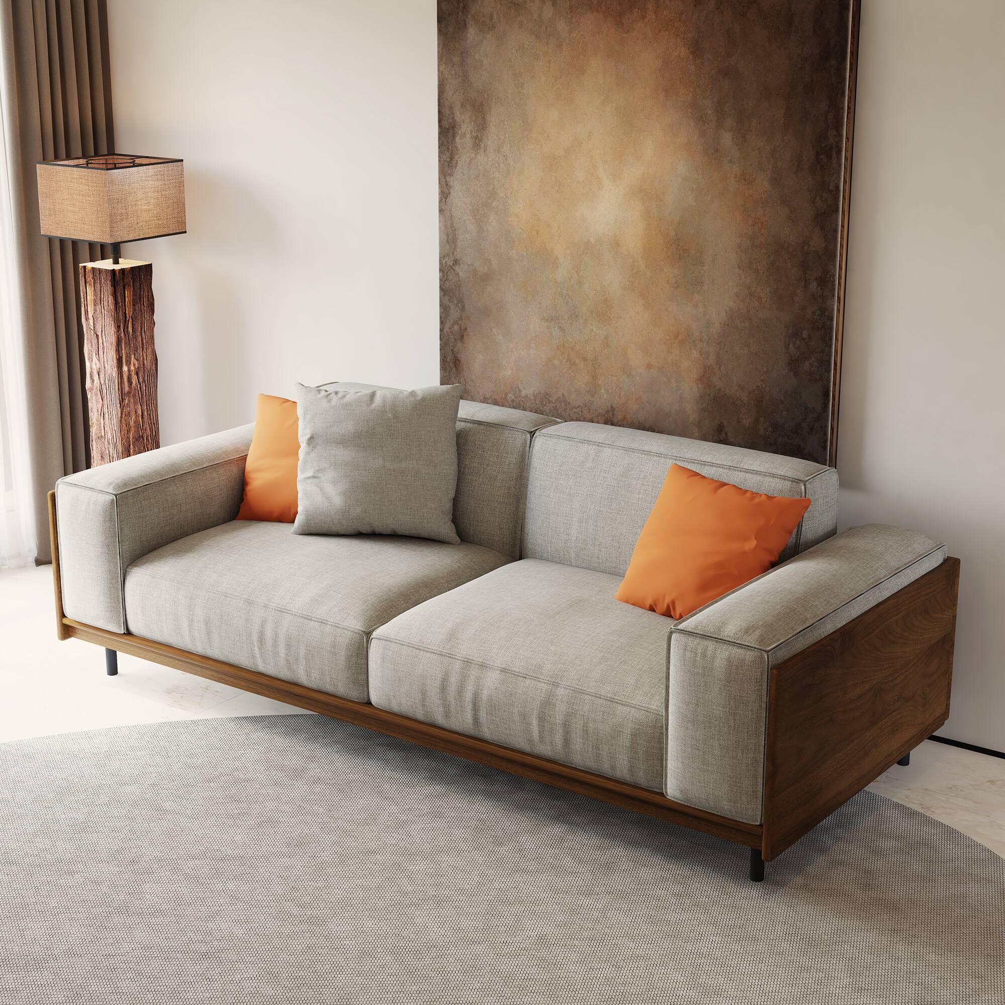 Back. luck idea - Mid-Century Modern Sofa, Fabric Sofa Couch, Living Room Sofa with Solid Wood Frame, Cotton-Linen Upholstery, Gray - Gray 2-Seat.