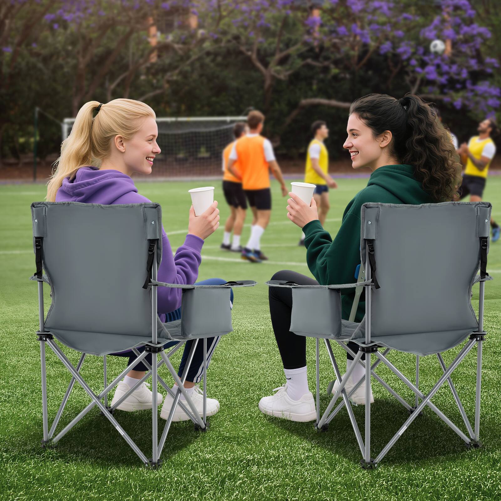 Alt View 3. Gymax - Gymax 2PCS Oversized Camping Chairs Heavy Duty Outdoor Folding Chair w/Cooler Pouch Gray - Gray.