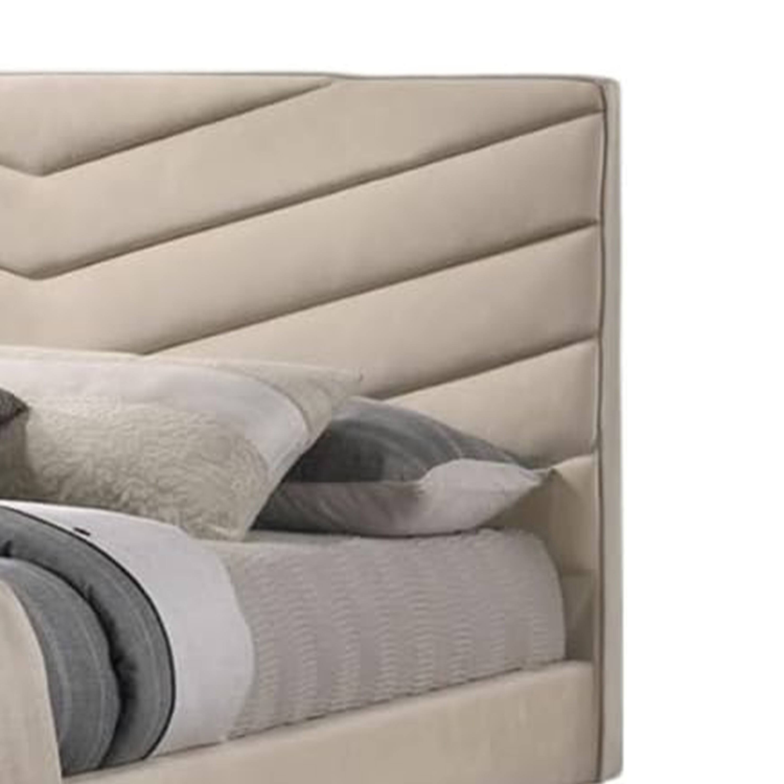 Alt View 2. Manhattan Lane - Vevy Full Size Bed, Chevron Tufted Beige Flannelette Upholstery - Beige, Gold.