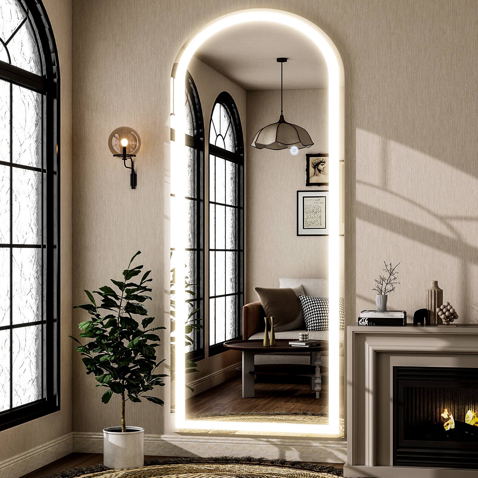 Angle. Easly - Arched 20 in. W x 63 in. H LED with 3-Color Dimmable Light Frameless Full Length Floor Mirror - Frameless.