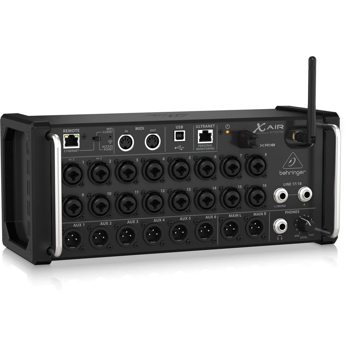 REMOTE WIFI CLIENT IN MIDI OUT USB ULTRANET Xair AIR - emona ETHERNET H-2 1 ACCESS POINT -0 2 3 4 PERSONAL MONITORING 5 d + 7 XR1G - behringer 9 10 11 12 13 + 14 15 16 LINE 17/18 AUX 1 AUX 2 AUX 3 AUX 4 AUX 5 + AUX 5 MAIN L MAIN R PHONES M R LEVEL